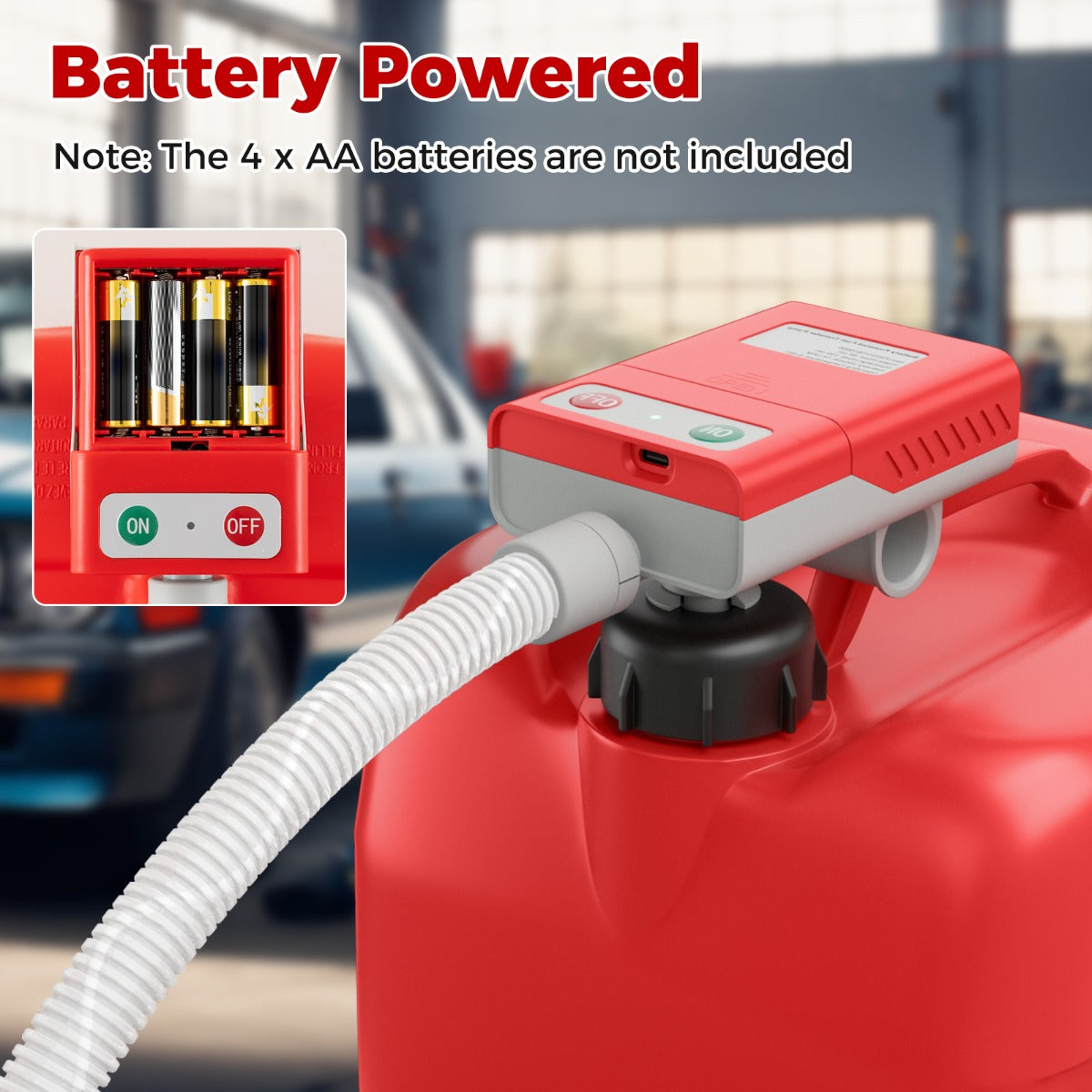 LIVSK Brandstoftransferpomp met Auto-stopsensor - USB en Batterijgevoed - Inclusief 130 cm Afvoerslang en Adapters - Rood/Wit