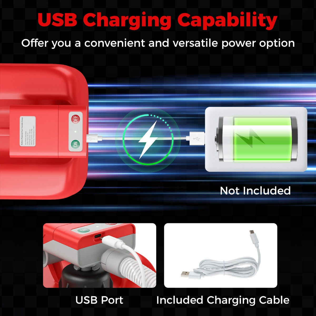 LIVSK Brandstoftransferpomp met Auto-stopsensor - USB en Batterijgevoed - Inclusief 130 cm Afvoerslang en Adapters - Rood/Wit