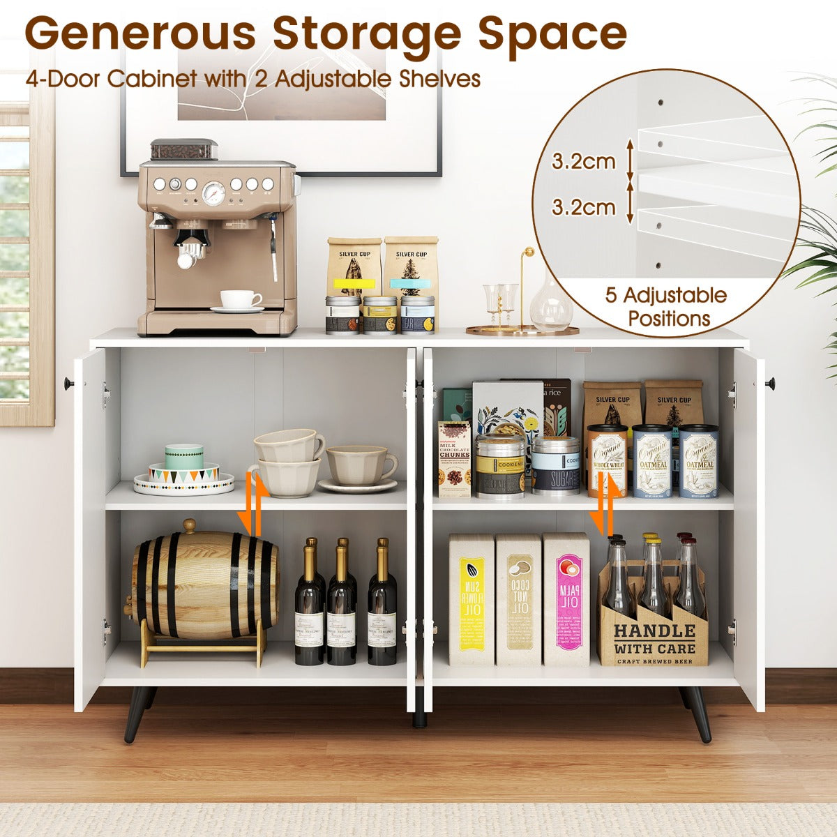 LIVSK 4-deurs dressoir - Verstelbare planken - Duurzaam en stabiel - Inclusief anti-kantelsets - 127,5 x 38 x 80 cm - Wit + Zwart