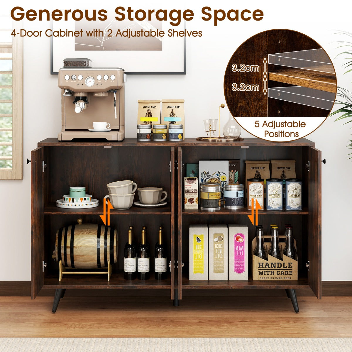 LIVSK 4-deurs dressoir - Modern met 5-verstelbare planken - Duurzaam en veilig - Hoogte 80 cm - Wit + zwart