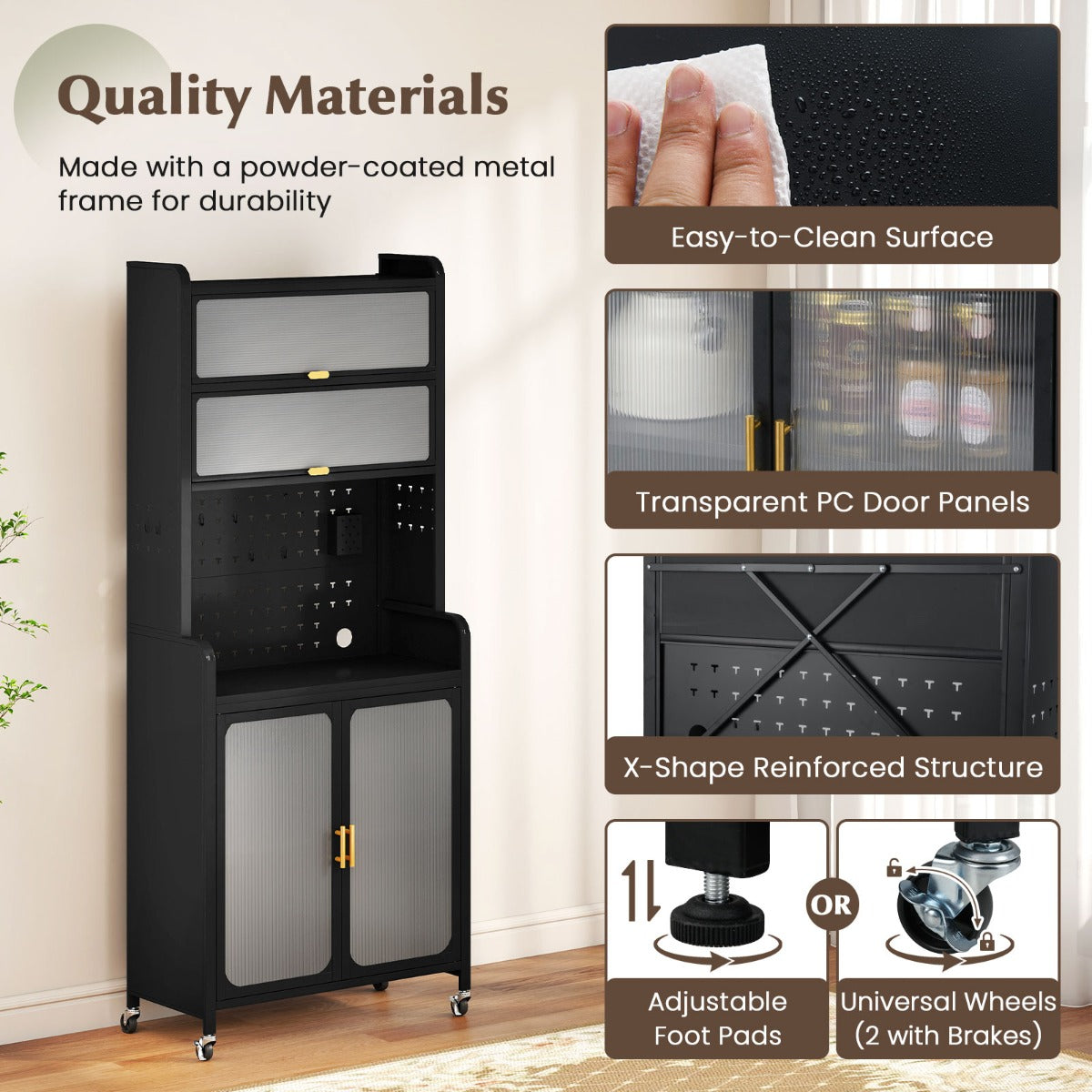 LIVSK Hoge Buffetkast - Verstelbaar met Neerklapbare Kasten - Geperforeerde Panelen - Kabelbeheer - Metaal - Zwart