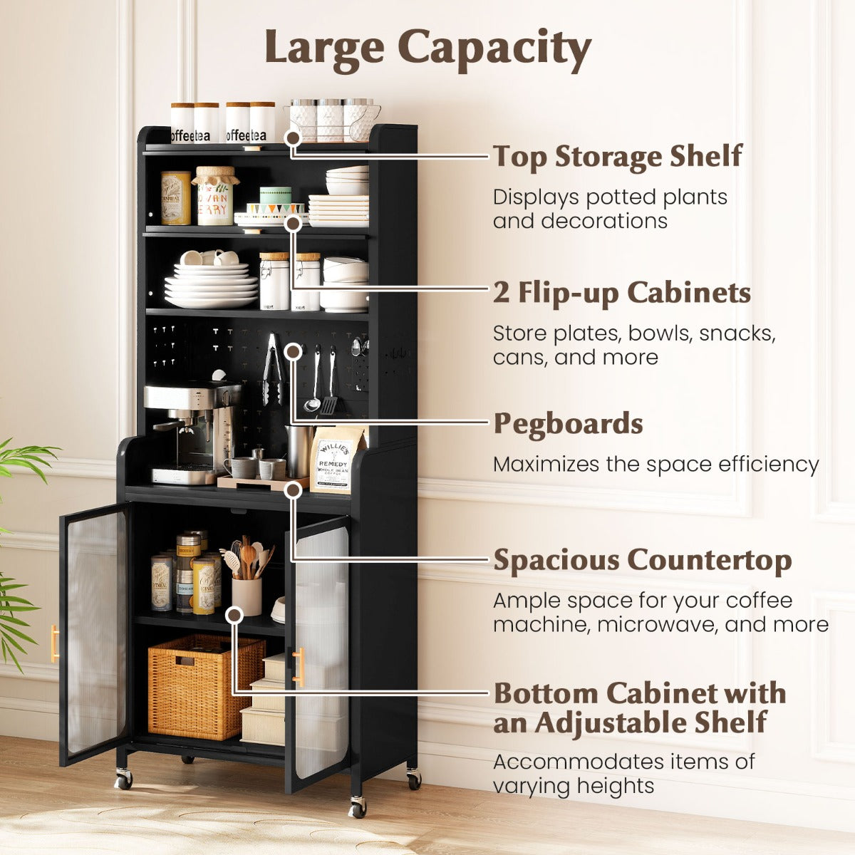 LIVSK Hoge Buffetkast - Verstelbaar met Neerklapbare Kasten - Geperforeerde Panelen - Kabelbeheer - Metaal - Zwart