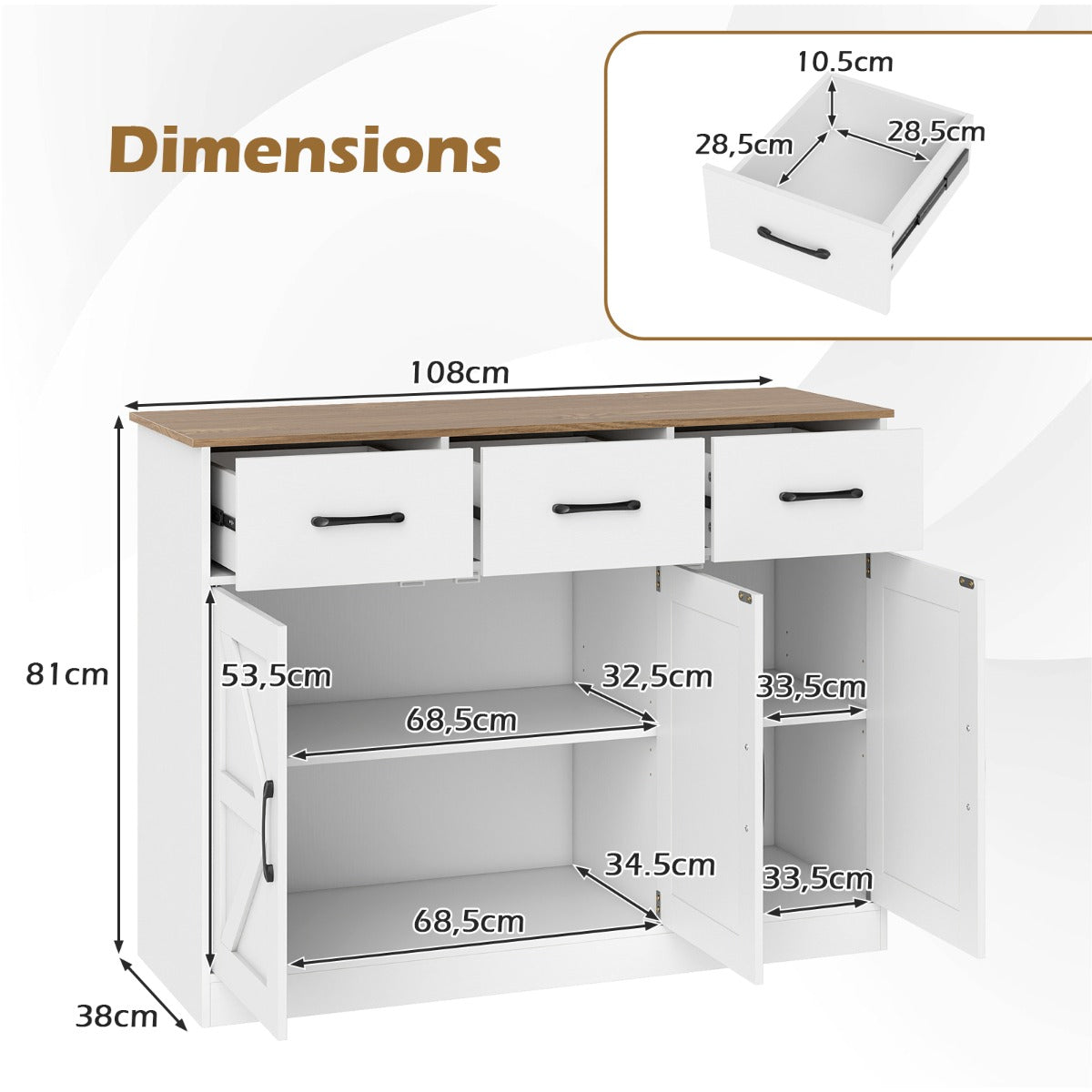 Livsk costway buffetkast met 3 laden dressoir met verstelbare planken en deuren houten keukenkast 1 1
