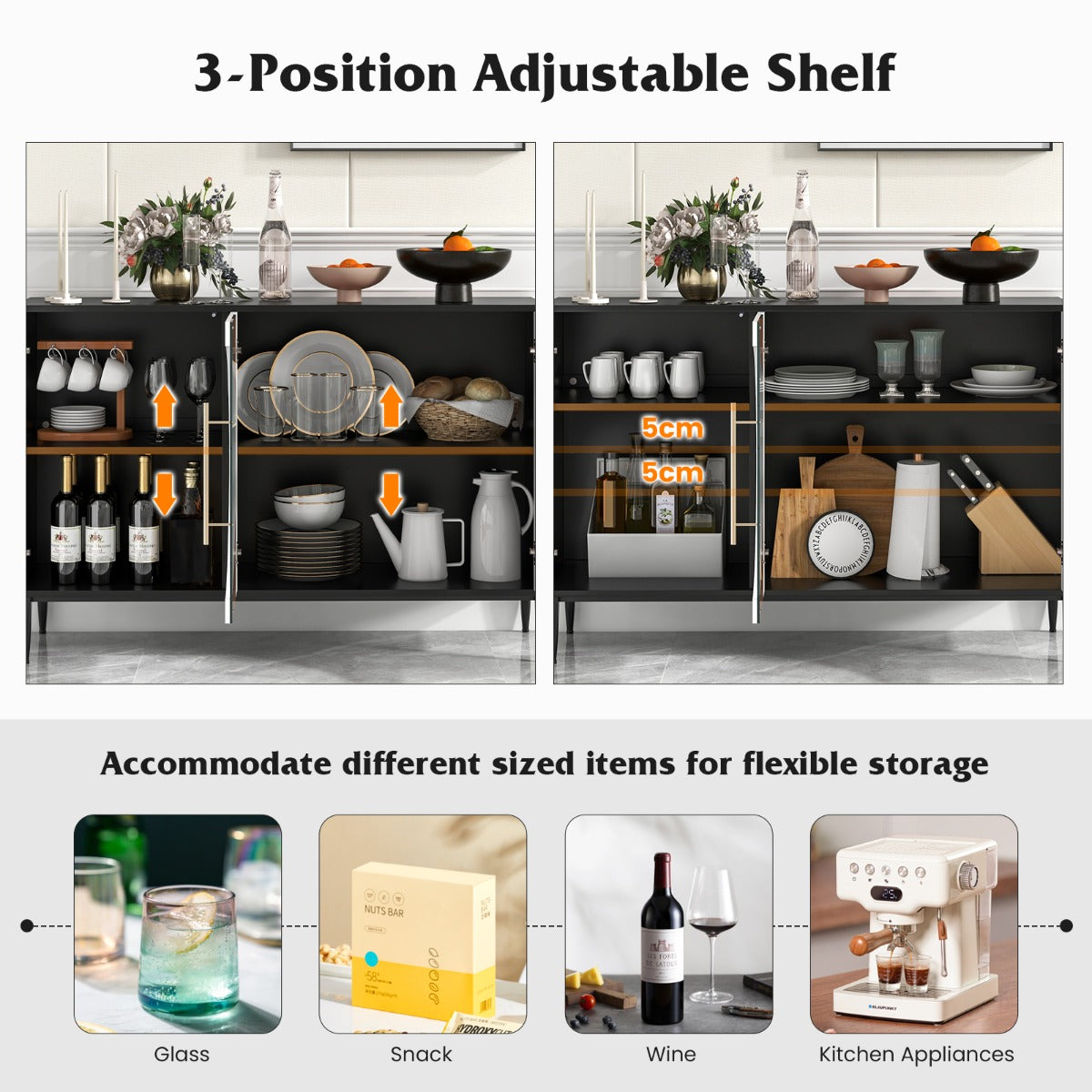 LIVSK Moderne Buffetkast - Gehard Glas - Verstelbare Planken - Metalen Poten - Ruimte voor Servies - 120 x 35 x 80 cm - Wit +