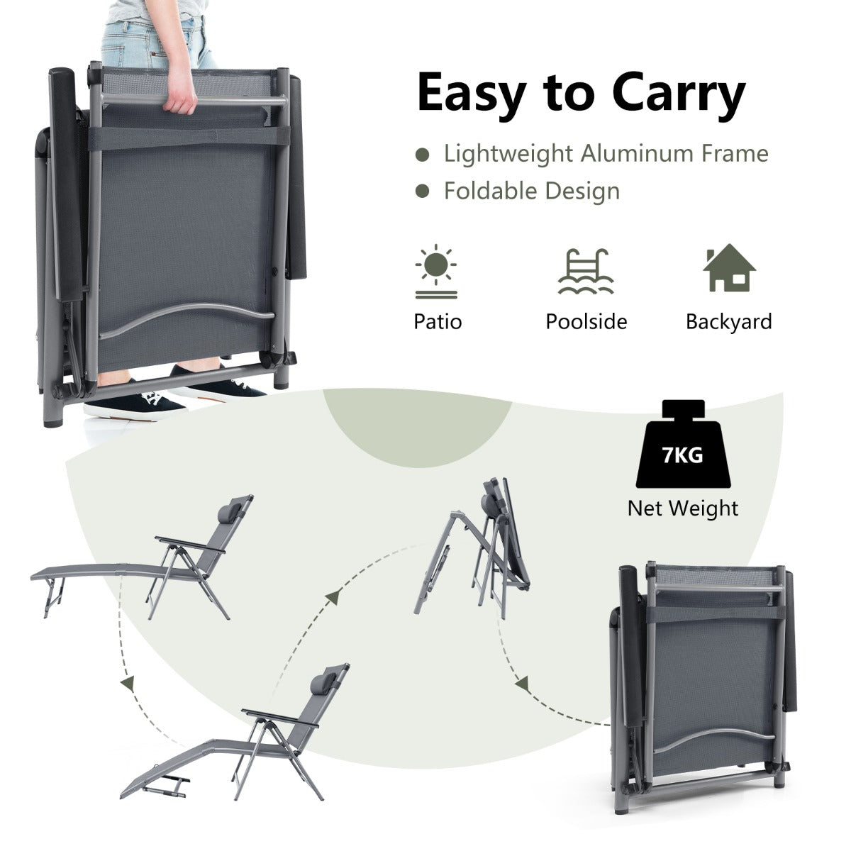 LIVSK Sneldrogende Verstelbare Opvouwbare Aluminium Ligstoel - 8 Rugleuning- en 2 Beenposities - Lichtgewicht - Roestbestendig -