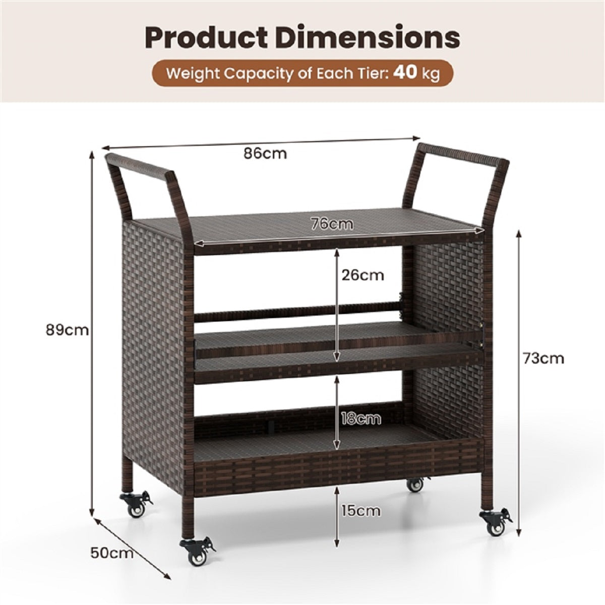 LIVSK Buiten-barwagen - Duurzaam Rattan - Vergrendelbare Wielen - Handige Zijgrepen - 86 x 50 x 89 cm - Mix Bruin