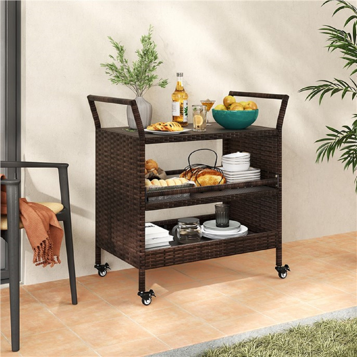 LIVSK Buiten-barwagen - Duurzaam Rattan - Vergrendelbare Wielen - Handige Zijgrepen - 86 x 50 x 89 cm - Mix Bruin