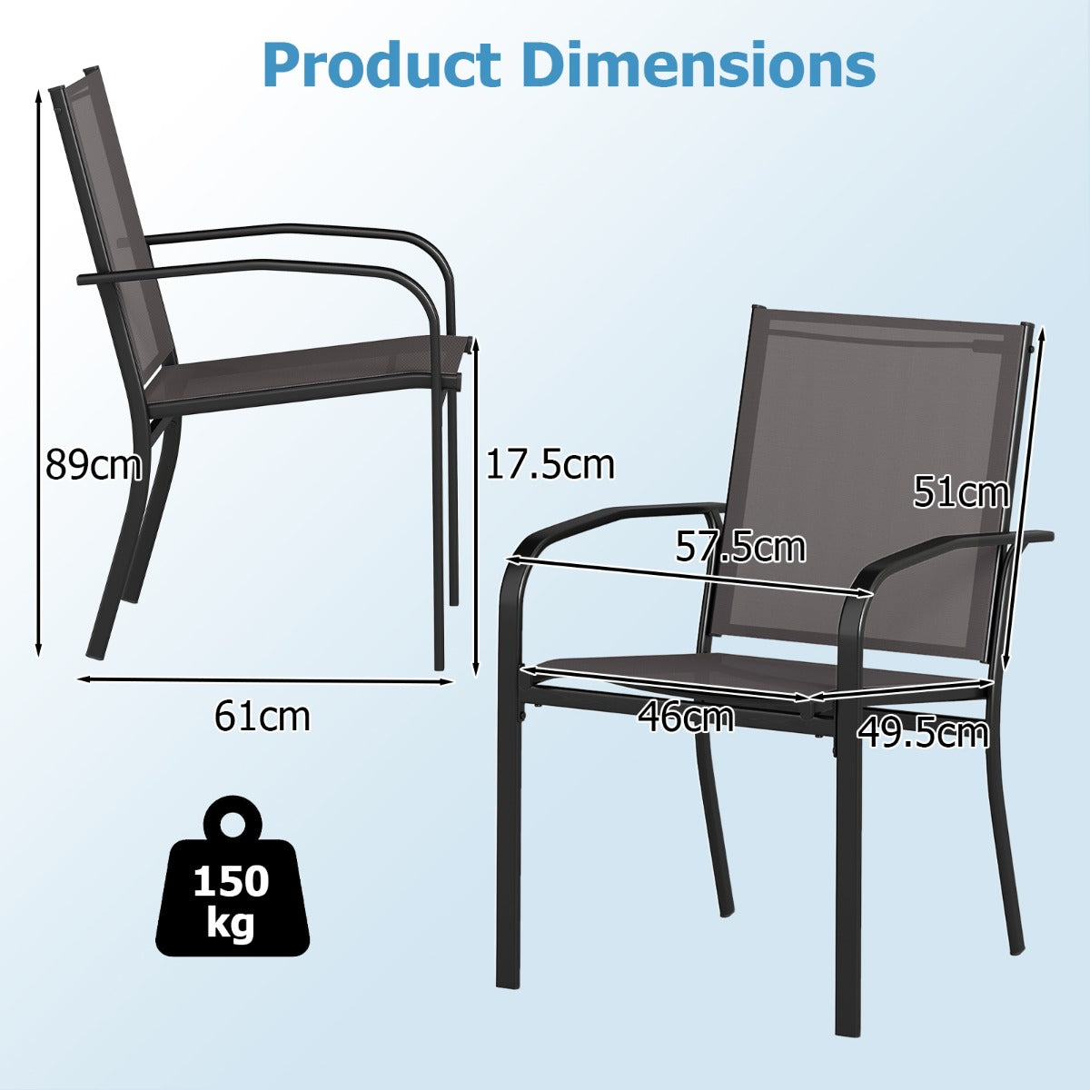 LIVSK Stapelbare Terras Eetkamerstoelen - Ergonomische Rugleuning - Ademend - Duurzaam Metalen Frame - Set van 2 - Grijs + Zwart