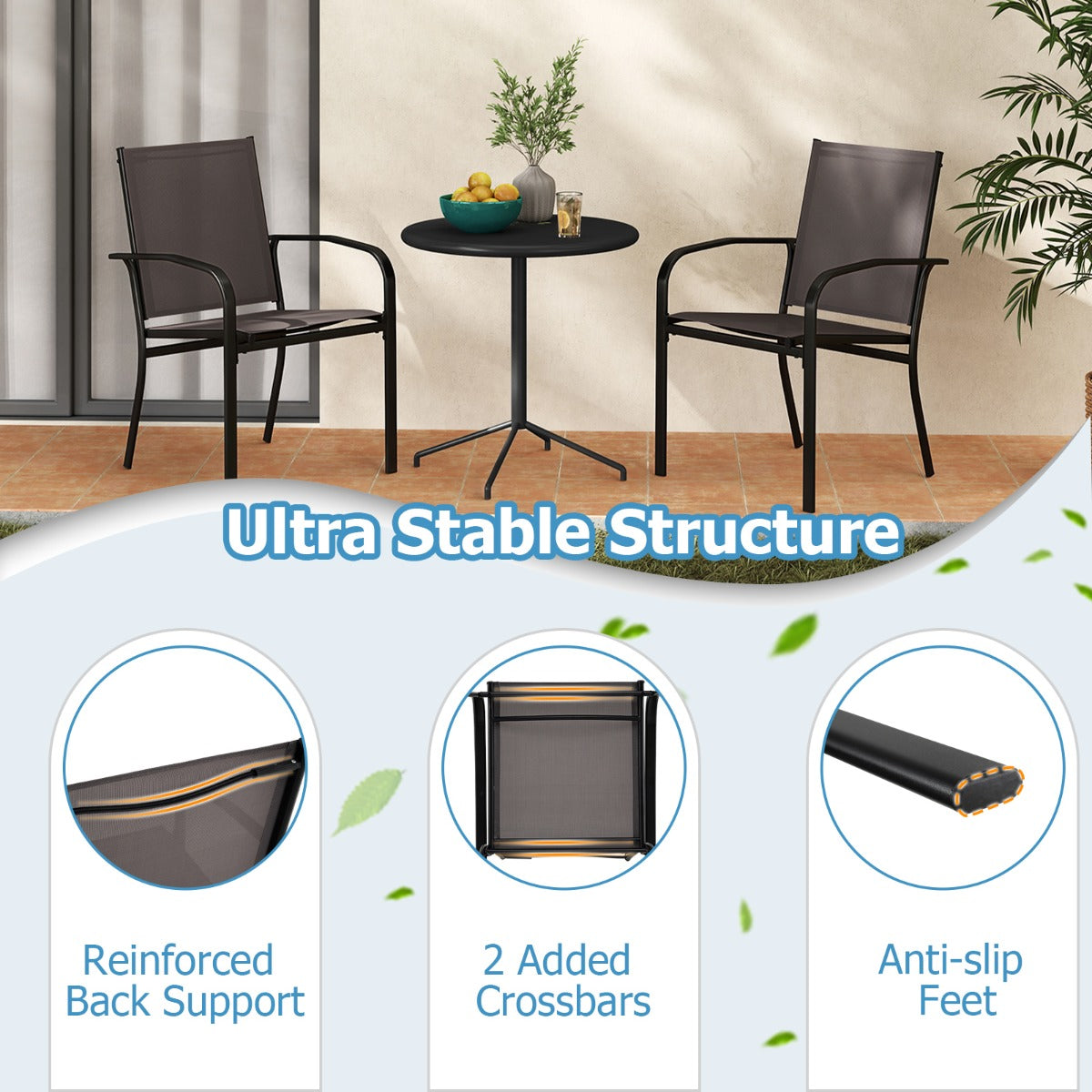 LIVSK Stapelbare Terras Eetkamerstoelen - Ergonomische Rugleuning - Ademend - Duurzaam Metalen Frame - Set van 2 - Grijs + Zwart