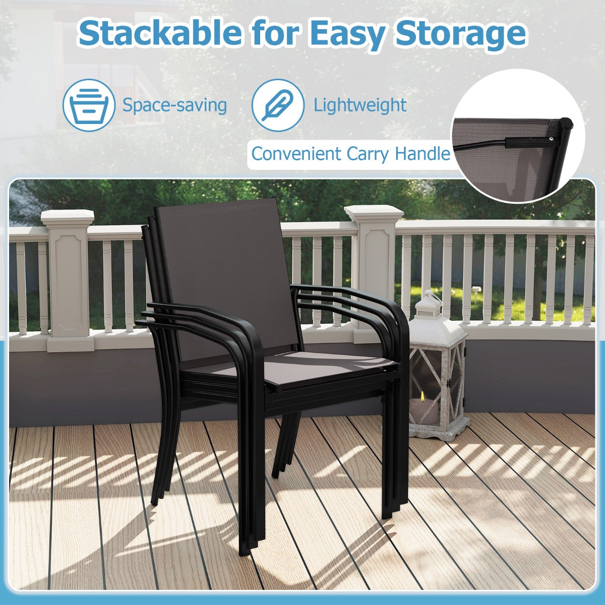 LIVSK Terras Eetkamerstoelen Set van 4 - Ergonomisch en Stapelbaar - Poedercoated Frame - Tot 150 kg - Grijs + Zwart