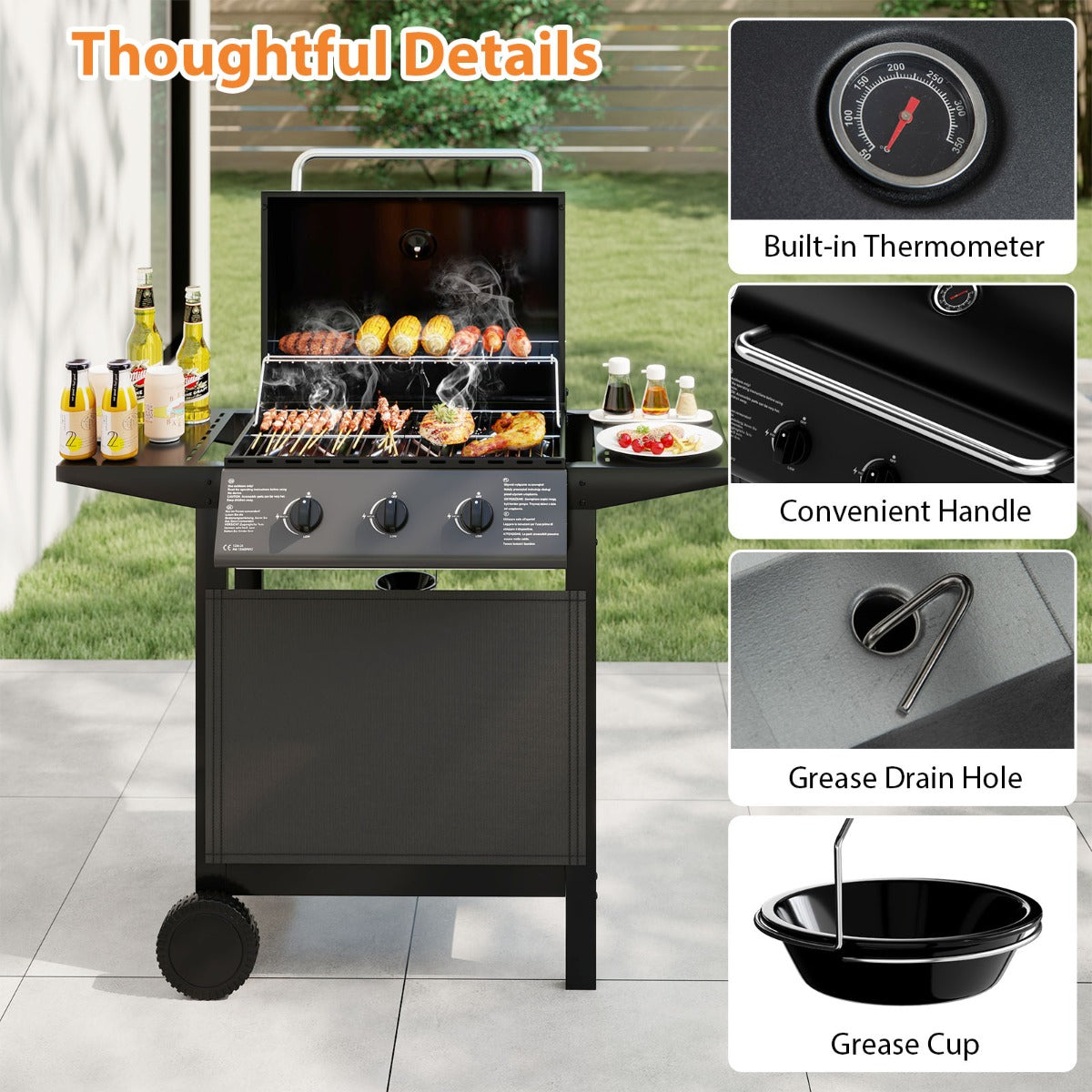 LIVSK Gasgrill - 3 Branders van 8000 BTU - Royaal Grilloppervlak 1608 cm² - Zijtafels en Onderste Plank - Draagbaar - Zwart