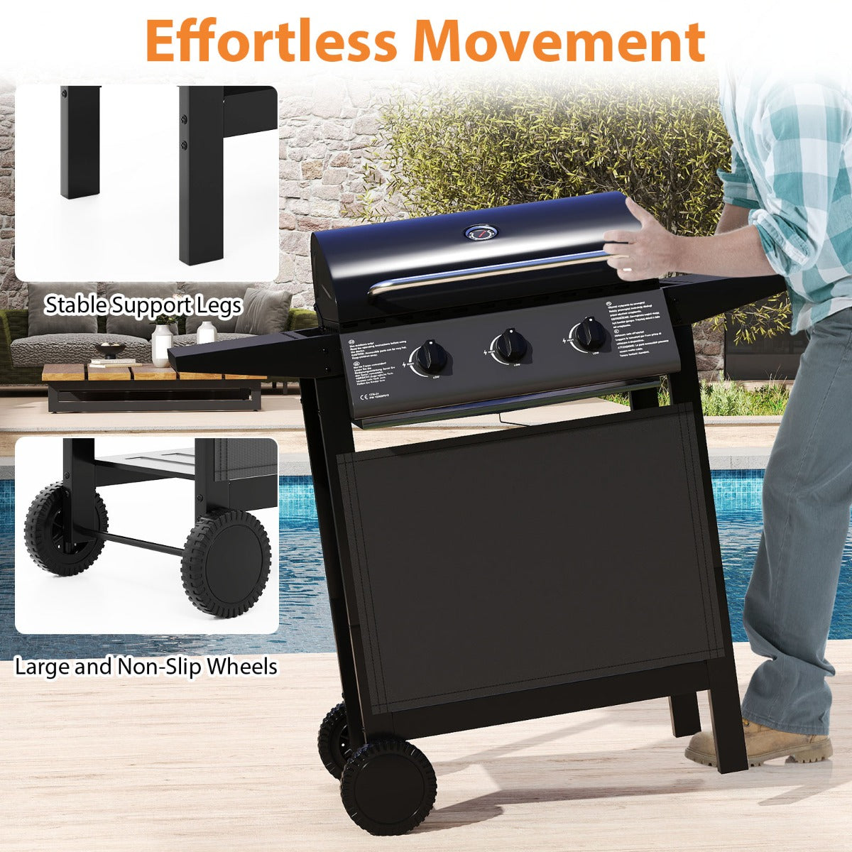 LIVSK Gasgrill - 3 Branders van 8000 BTU - Royaal Grilloppervlak 1608 cm² - Zijtafels en Onderste Plank - Draagbaar - Zwart