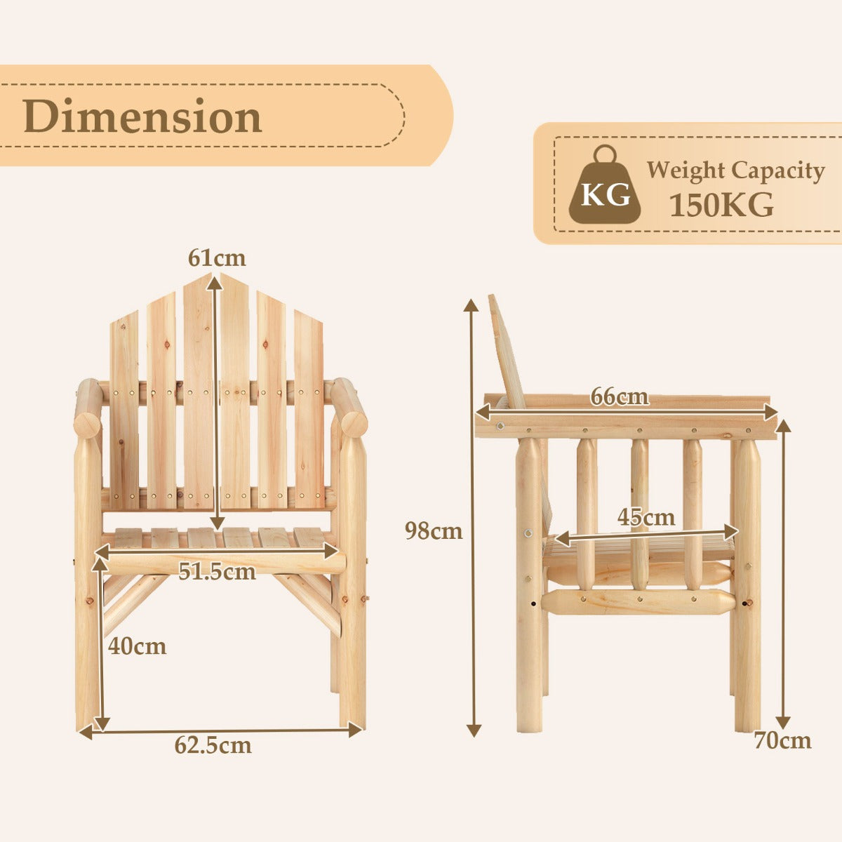 LIVSK Houten Armleuningstoel - Ergonomisch Ontwerp - Duurzaam Vuren- en Sparrenhout - Tot 150 kg - 66 x 62,5 x 98 cm - Natuurlijk