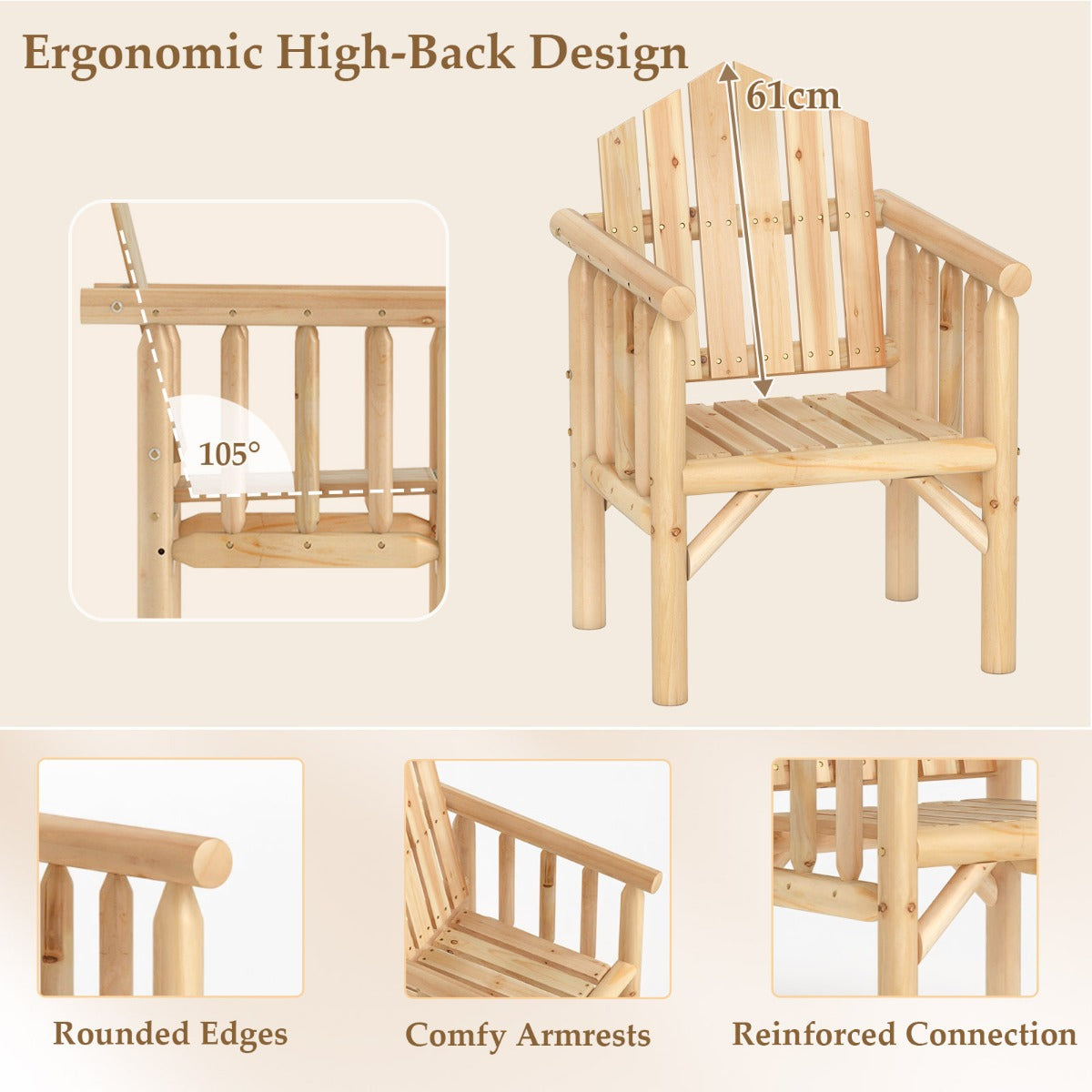 LIVSK Houten Armleuningstoel - Ergonomisch Ontwerp - Duurzaam Vuren- en Sparrenhout - Tot 150 kg - 66 x 62,5 x 98 cm - Natuurlijk