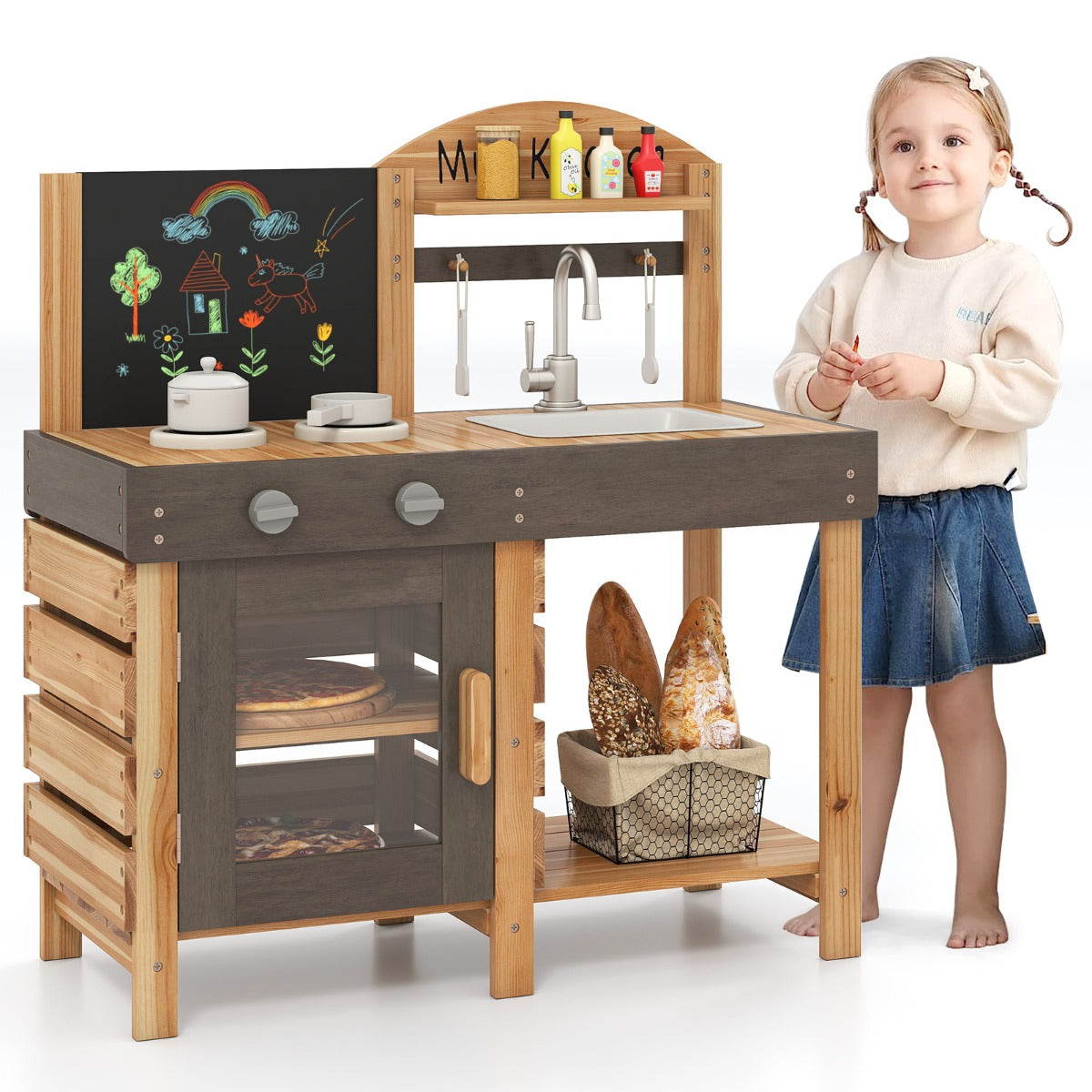 LIVSK Modderkeuken voor Kinderen - Houten Speelset met 2 Fornuizen en Gootsteen - Inclusief Accessoires - Voor 3 Jaar en Ouders -