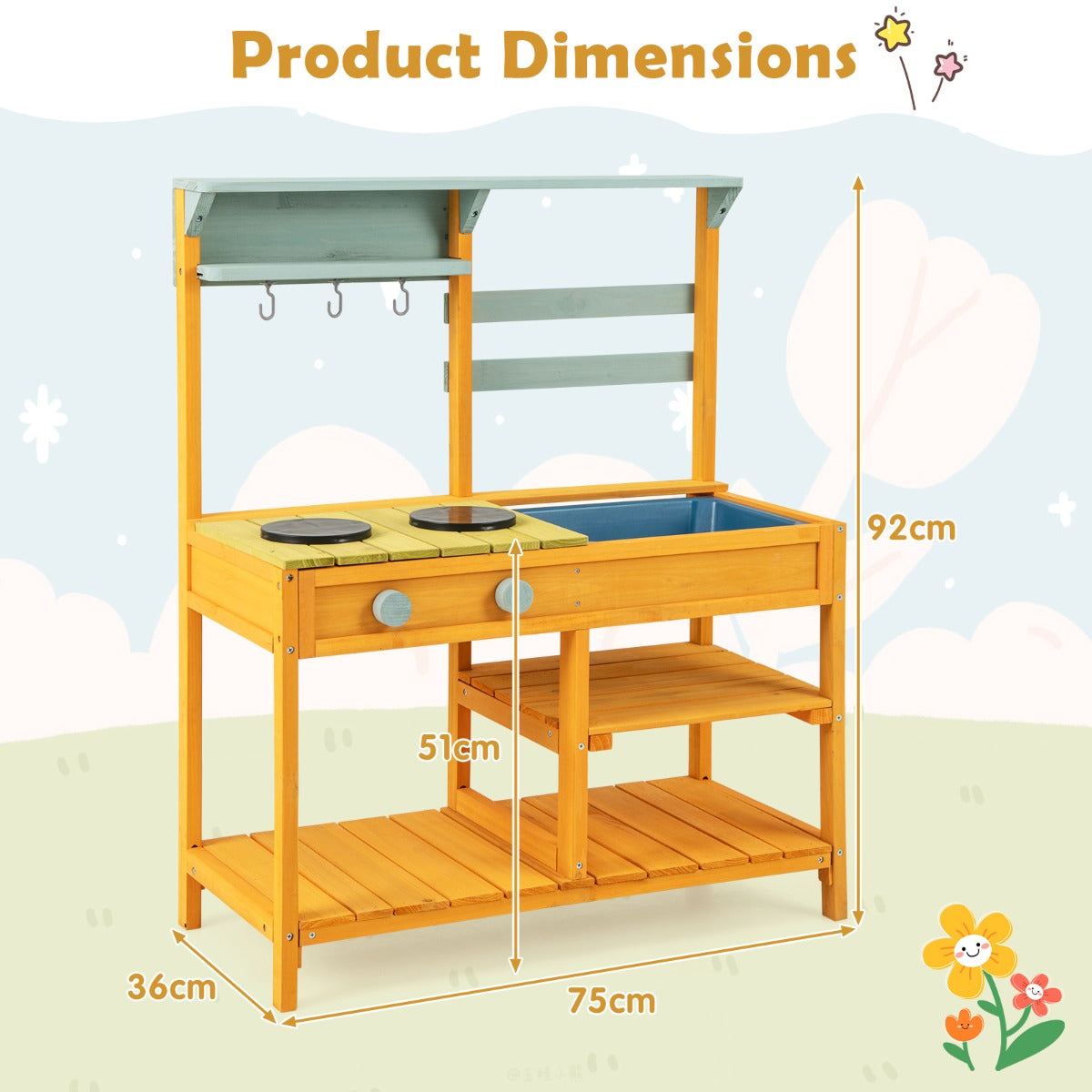 LIVSK Houten Modderkeuken voor Kinderen - Veilig Sparrenhout - Twee Fornuizen - Speelgootsteen - 75 x 36 x 92 cm - Veelkleurig