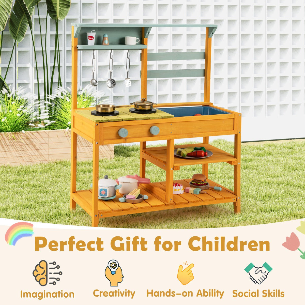 LIVSK Houten Modderkeuken voor Kinderen - Veilig Sparrenhout - Twee Fornuizen - Speelgootsteen - 75 x 36 x 92 cm - Veelkleurig