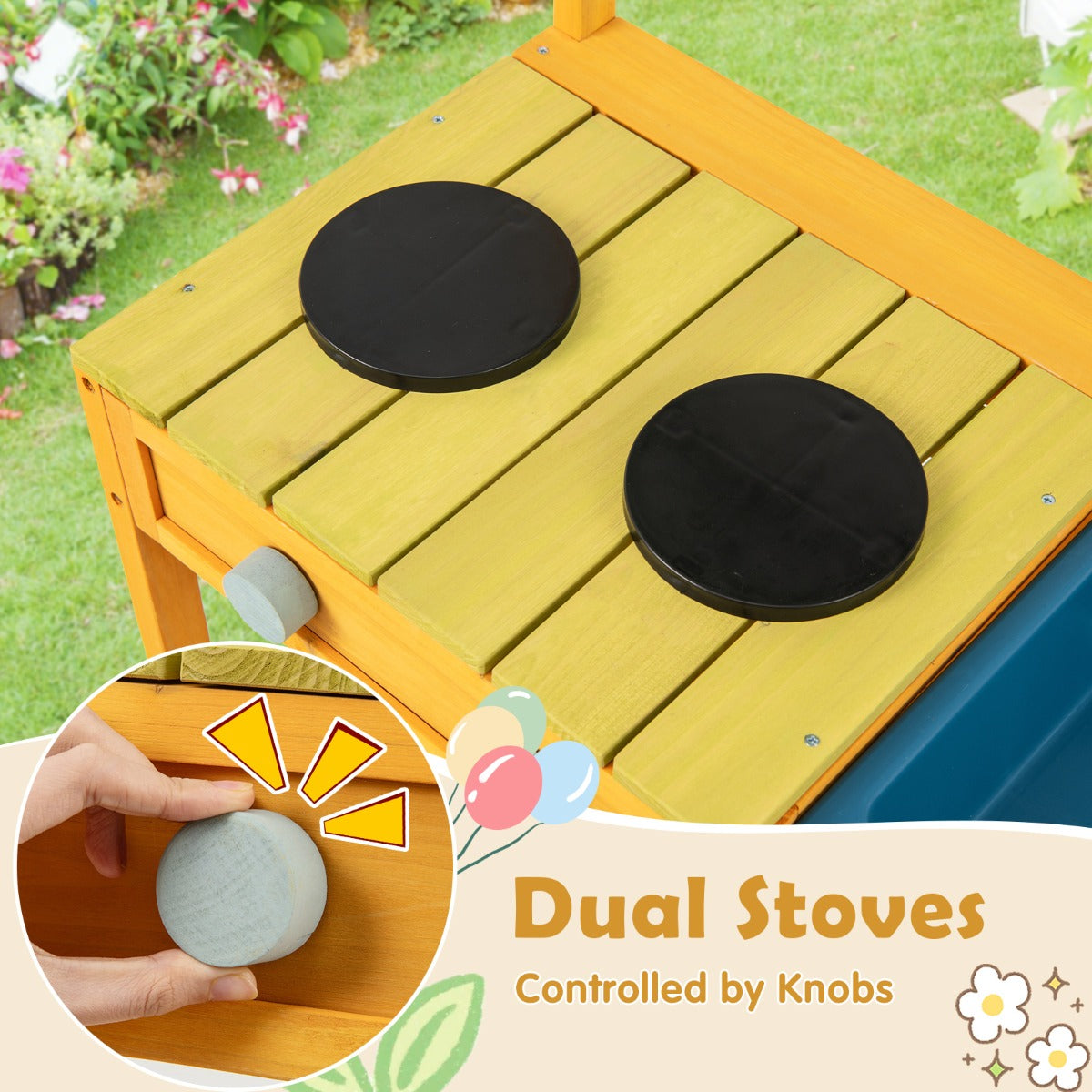 LIVSK Houten Modderkeuken voor Kinderen - Veilig Sparrenhout - Twee Fornuizen - Speelgootsteen - 75 x 36 x 92 cm - Veelkleurig