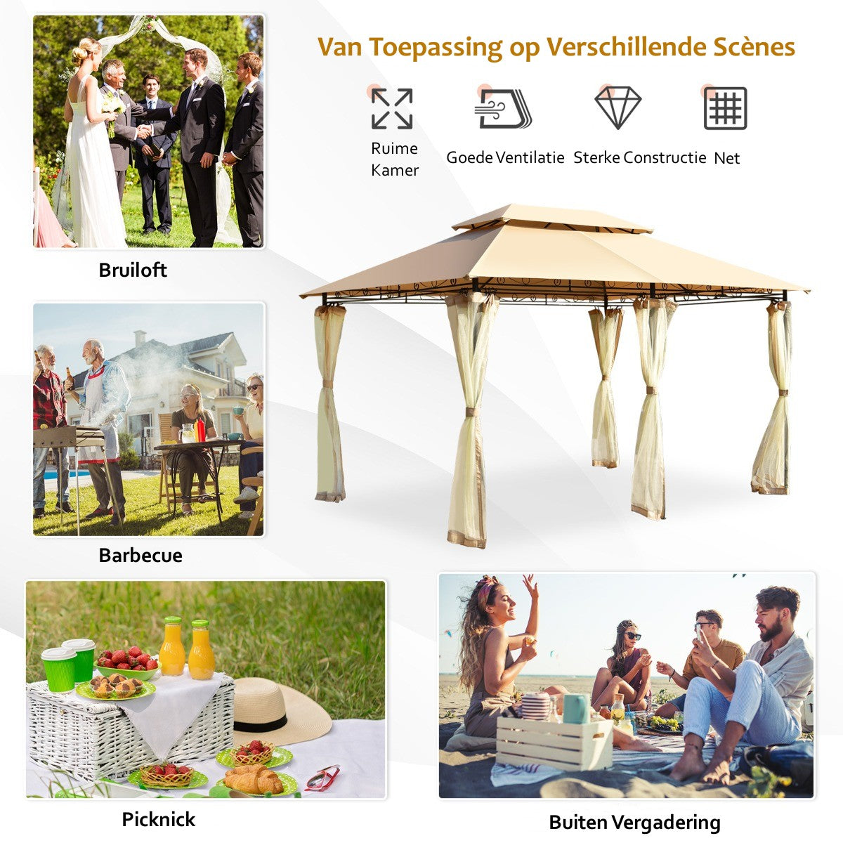 LIVSK Terraspaviljoen met Verwijderbare Gaaszijwanden - Stalen Frame - Duurzaam Polyester - Voor Bruiloften en Barbecues - Bruin