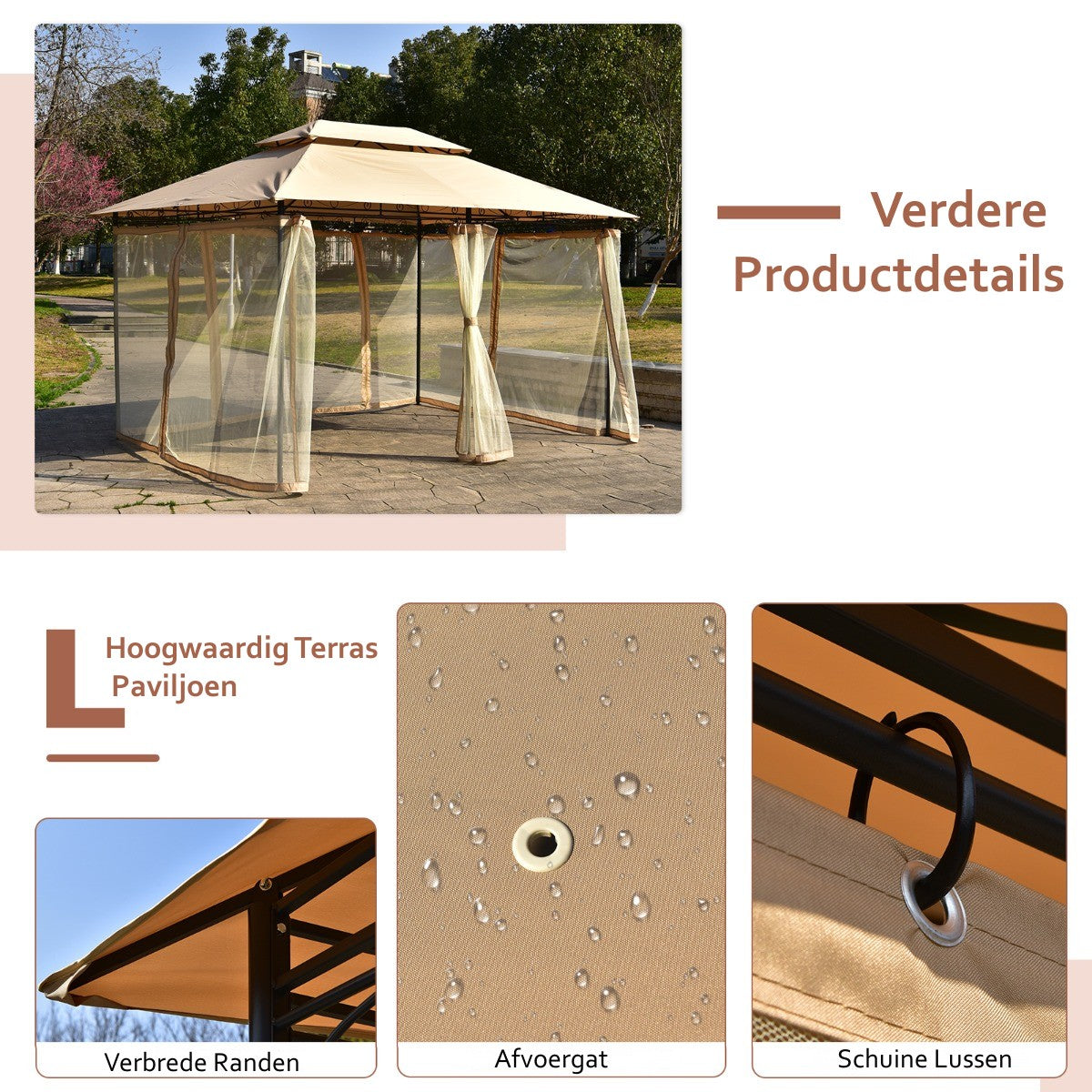 LIVSK Terraspaviljoen met Verwijderbare Gaaszijwanden - Stalen Frame - Duurzaam Polyester - Voor Bruiloften en Barbecues - Bruin