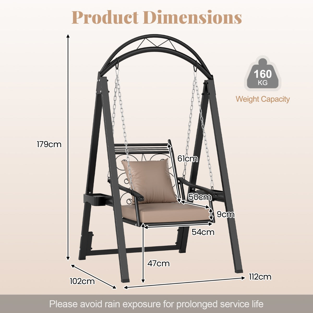 LIVSK Terrassenschommel met Zijtafels - Verstelbare Hoogte - Zachte Afneembare Kussens - Draagkracht tot 160 kg - Beige