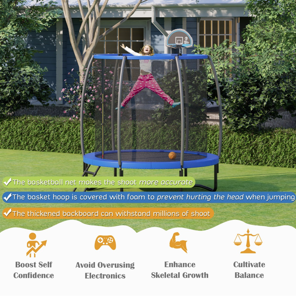 LIVSK Trampoline voor Volwassenen - Veilige Gebogen Palen - Basketbalring Inclusief - Duurzaam Stalen Frame - Tot 100 kg - Blauw