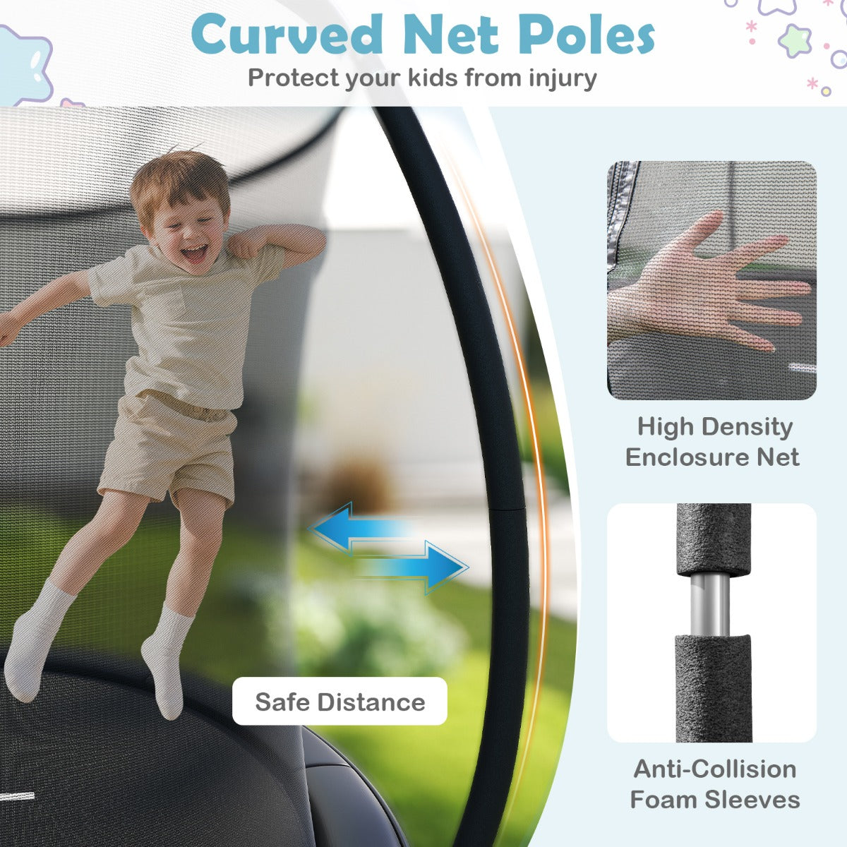 LIVSK Tuintrampoline met Veiligheidsnet - Gebogen Stangen - Inclusief Ladder - Ø305 cm - Duurzaam en Veilig - Zwart