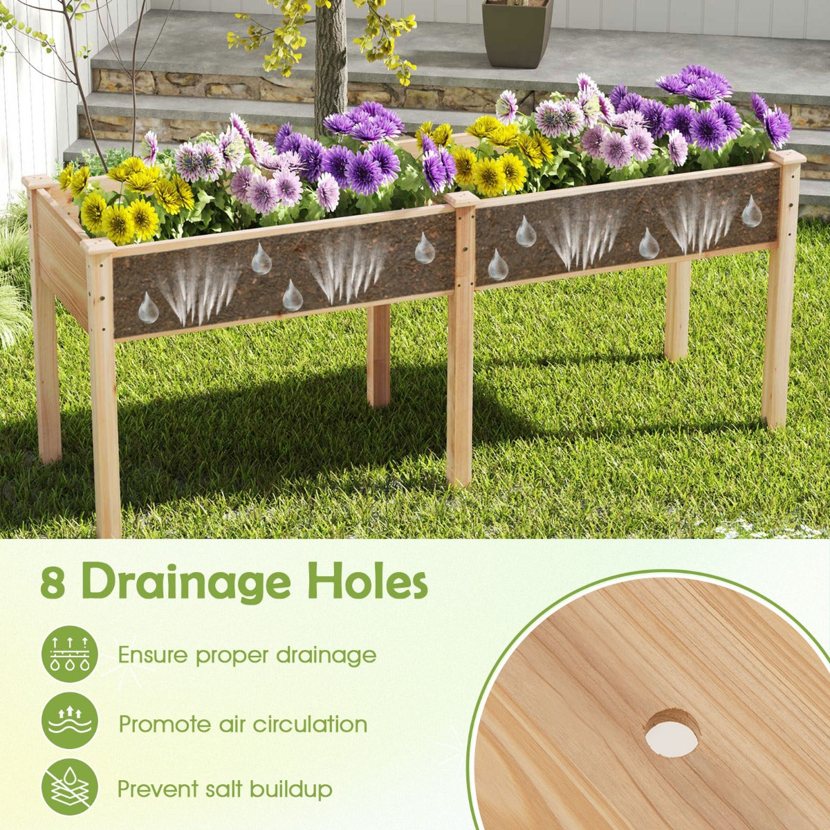 LIVSK Verhoogd Plantenbed met Scheidingswand - Duurzaam Vurenhout - Ergonomische Hoogte - Draagkracht 150 kg - 185 x 58 x 77 cm -