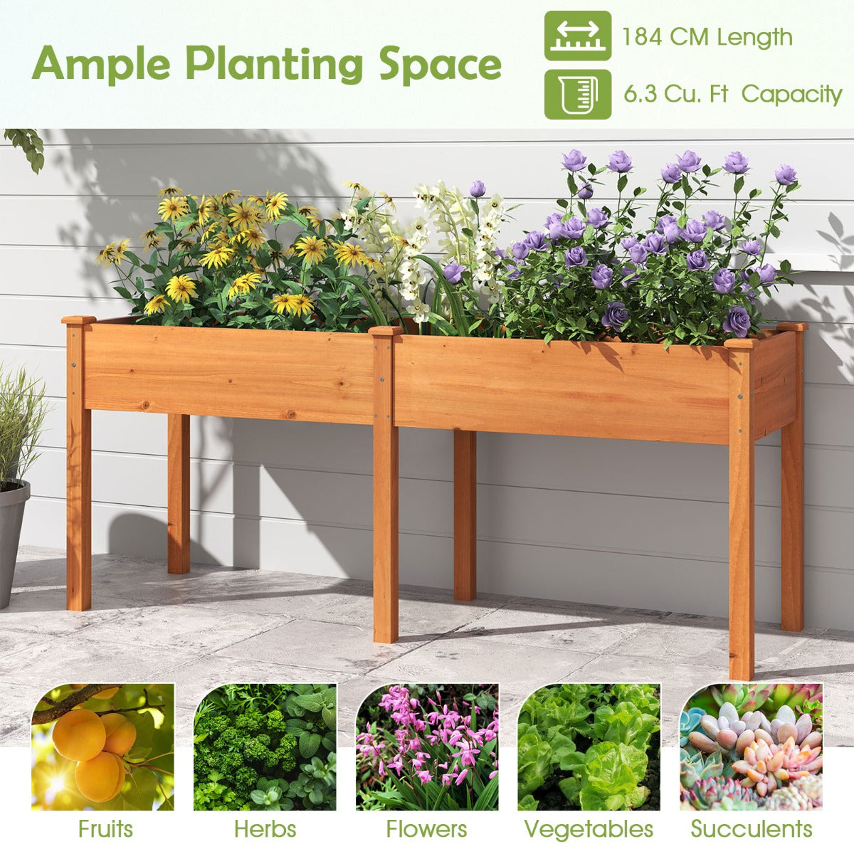 LIVSK Verhoogde Plantenbak - Houten Tuinbed met Scheidingswand - Ergonomische Hoogte - 185 x 58 x 77 cm - Geel