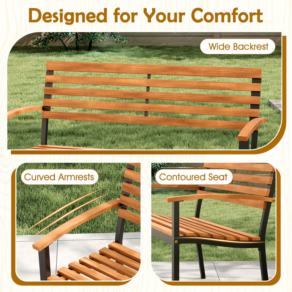 Livsk costway buitenbank acaciahouten tuinbank met rugleuning armleuningen en robuust metalen frame