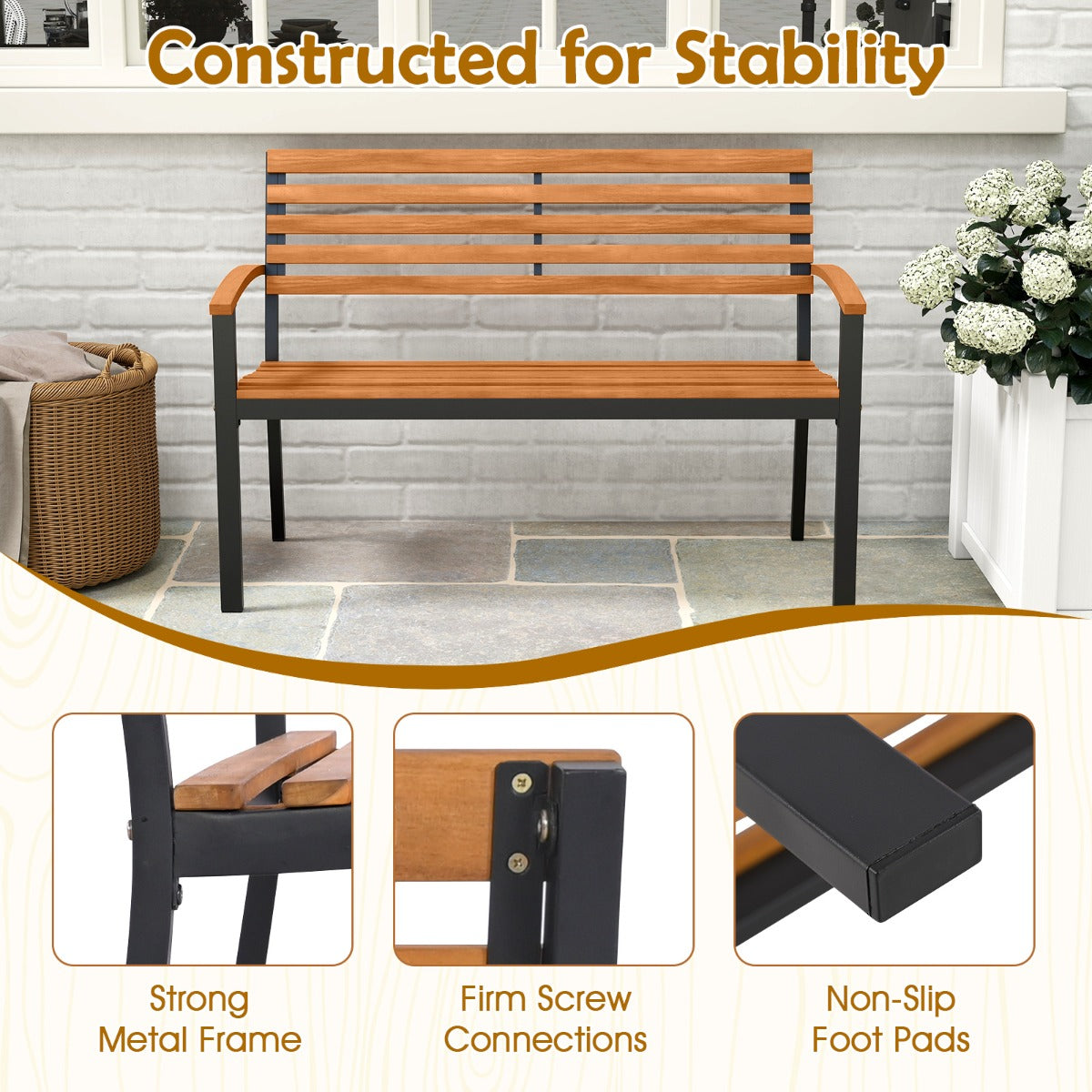 Livsk costway buitenbank acaciahouten tuinbank met rugleuning armleuningen en robuust metalen frame