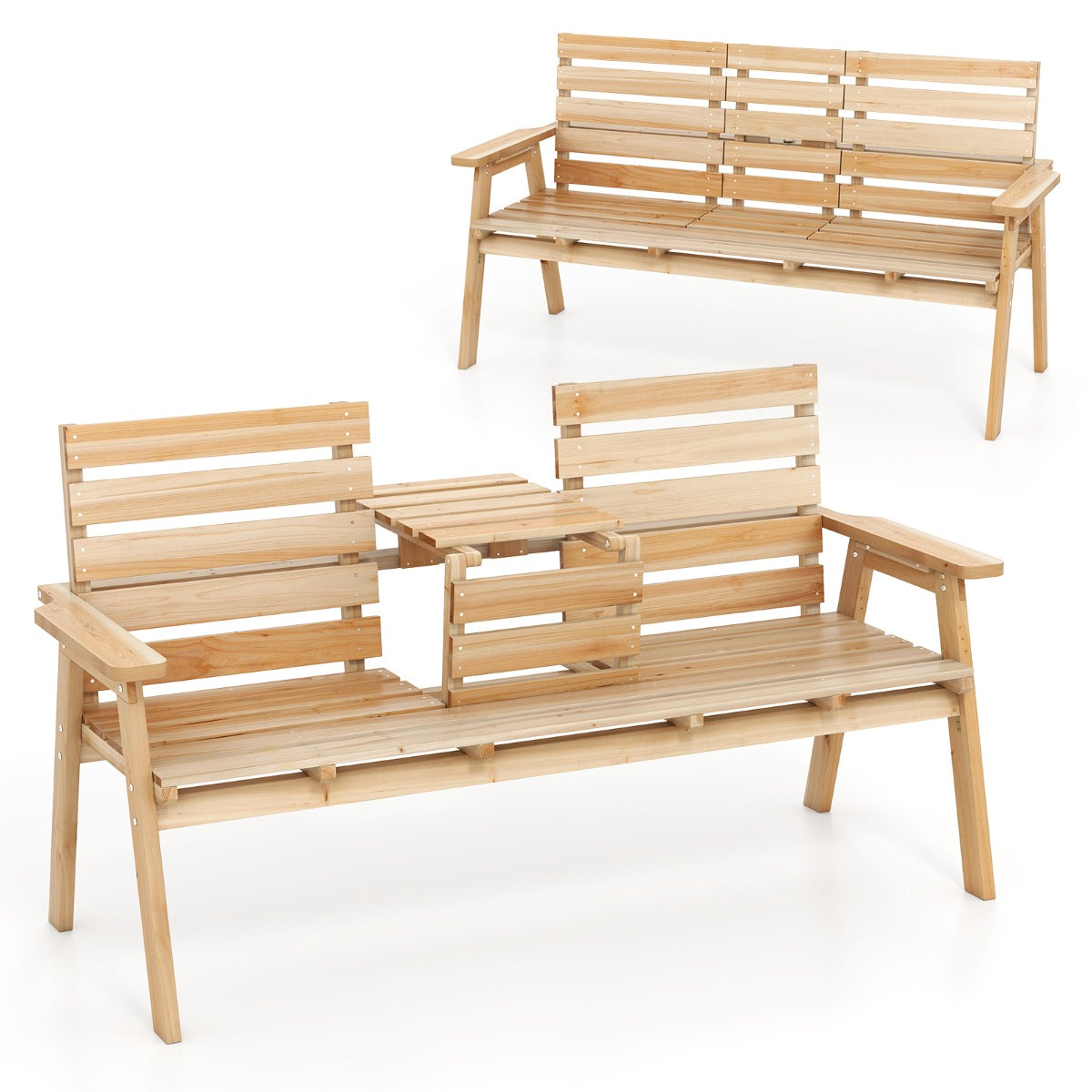 LIVSK Houten Tuinbank met Opklapbare Tafel - Voor 2-3 Personen - Draagvermogen 320 kg - Comfortabele Armleuningen - Natuurlijk