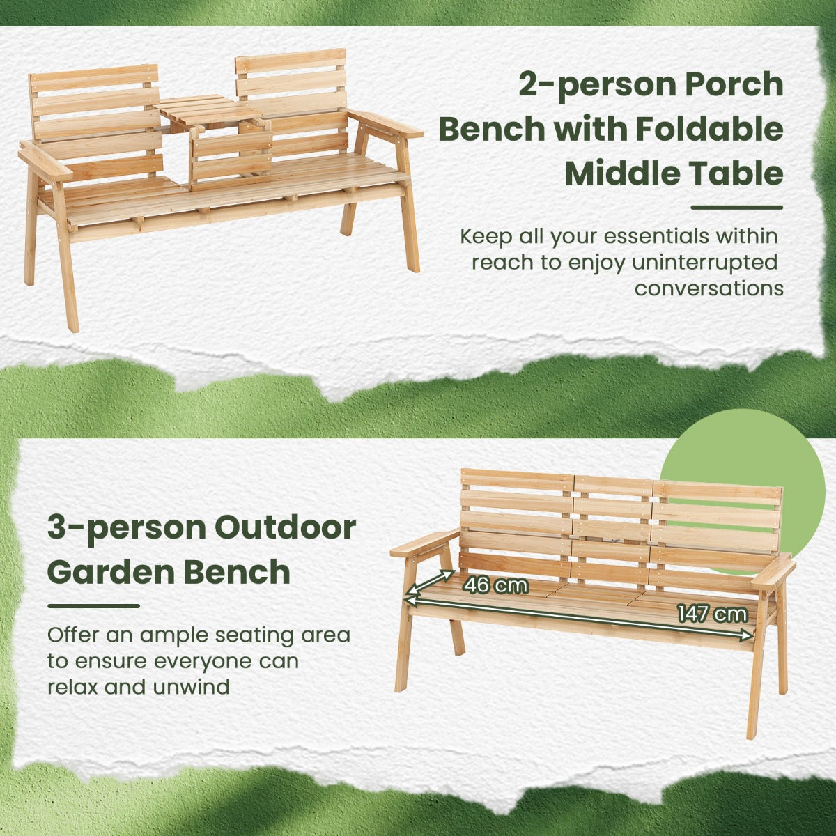 LIVSK Houten Tuinbank met Opklapbare Tafel - Voor 2-3 Personen - Draagvermogen 320 kg - Comfortabele Armleuningen - Natuurlijk