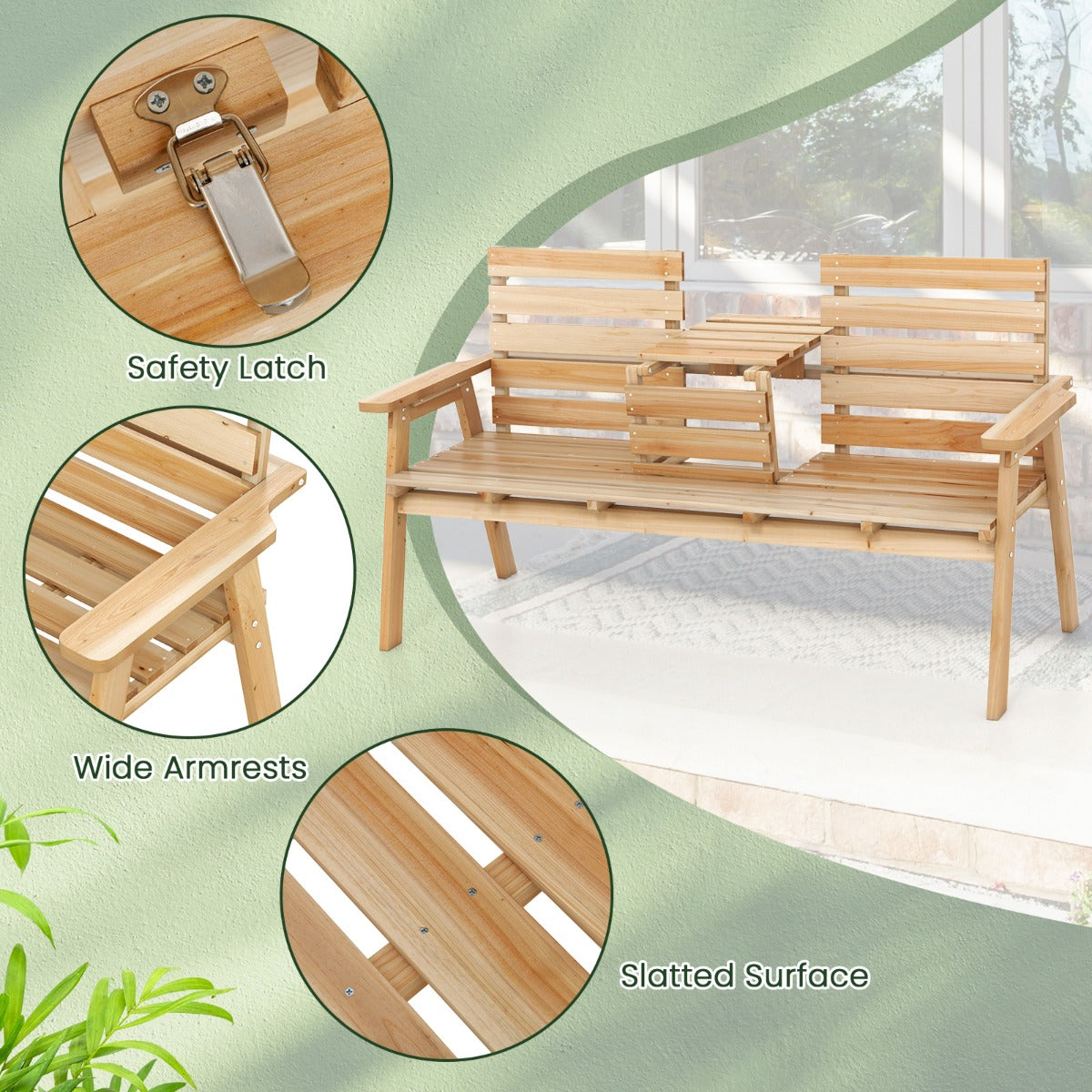 LIVSK Houten Tuinbank met Opklapbare Tafel - Voor 2-3 Personen - Draagvermogen 320 kg - Comfortabele Armleuningen - Natuurlijk