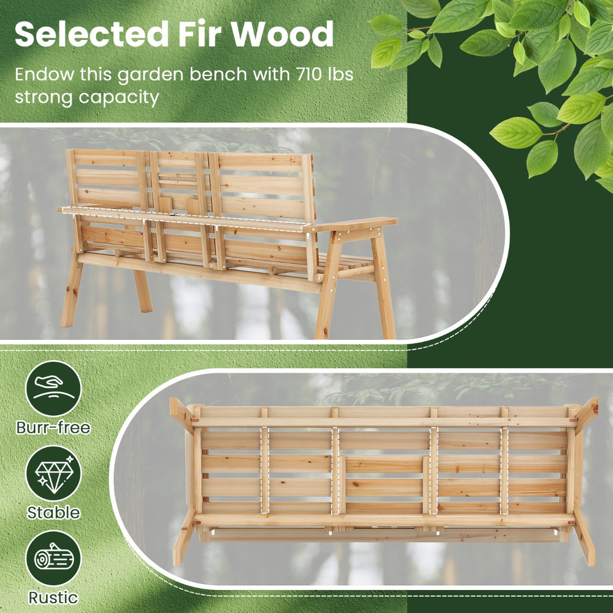 LIVSK Houten Tuinbank met Opklapbare Tafel - Voor 2-3 Personen - Draagvermogen 320 kg - Comfortabele Armleuningen - Natuurlijk