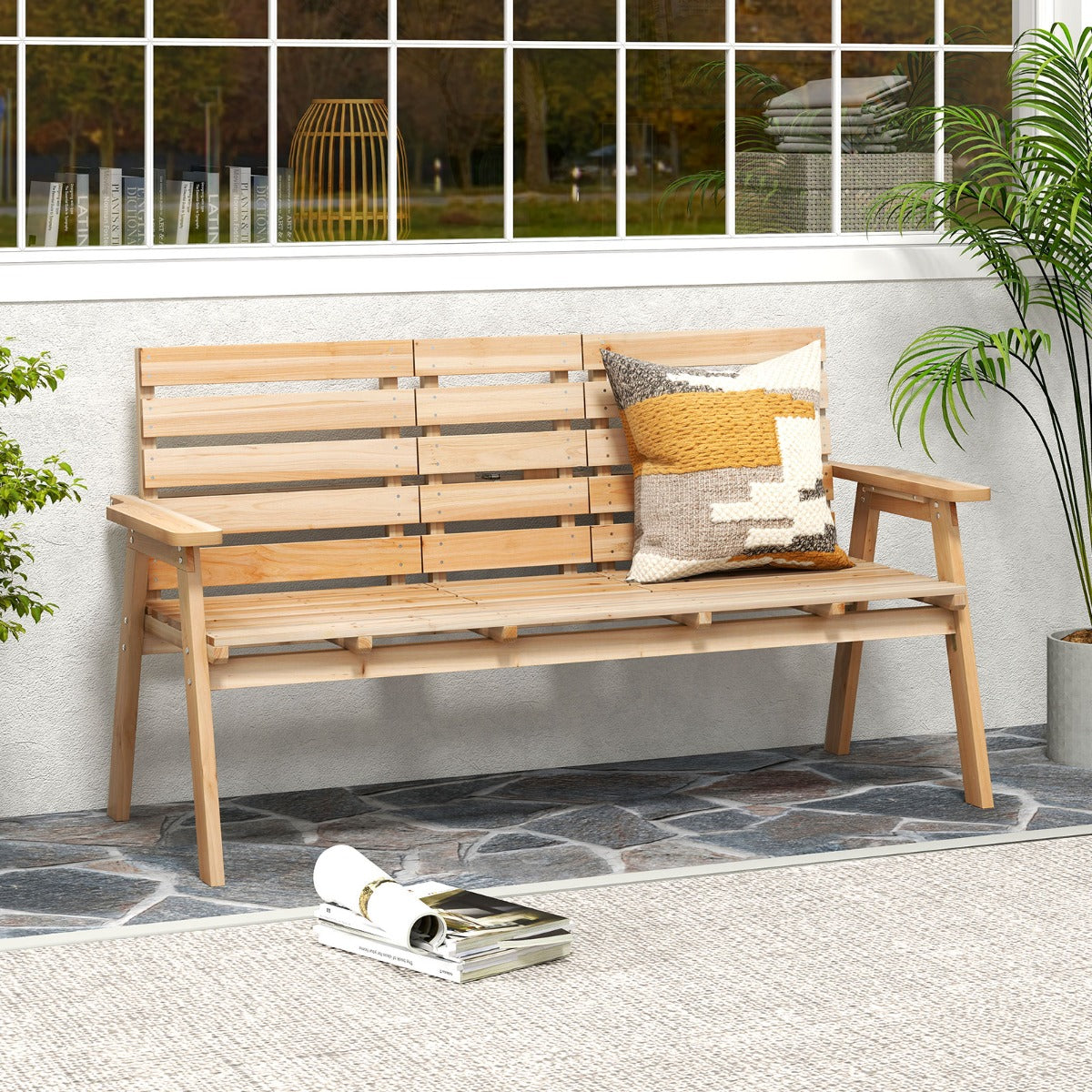 LIVSK Houten Tuinbank met Opklapbare Tafel - Voor 2-3 Personen - Draagvermogen 320 kg - Comfortabele Armleuningen - Natuurlijk
