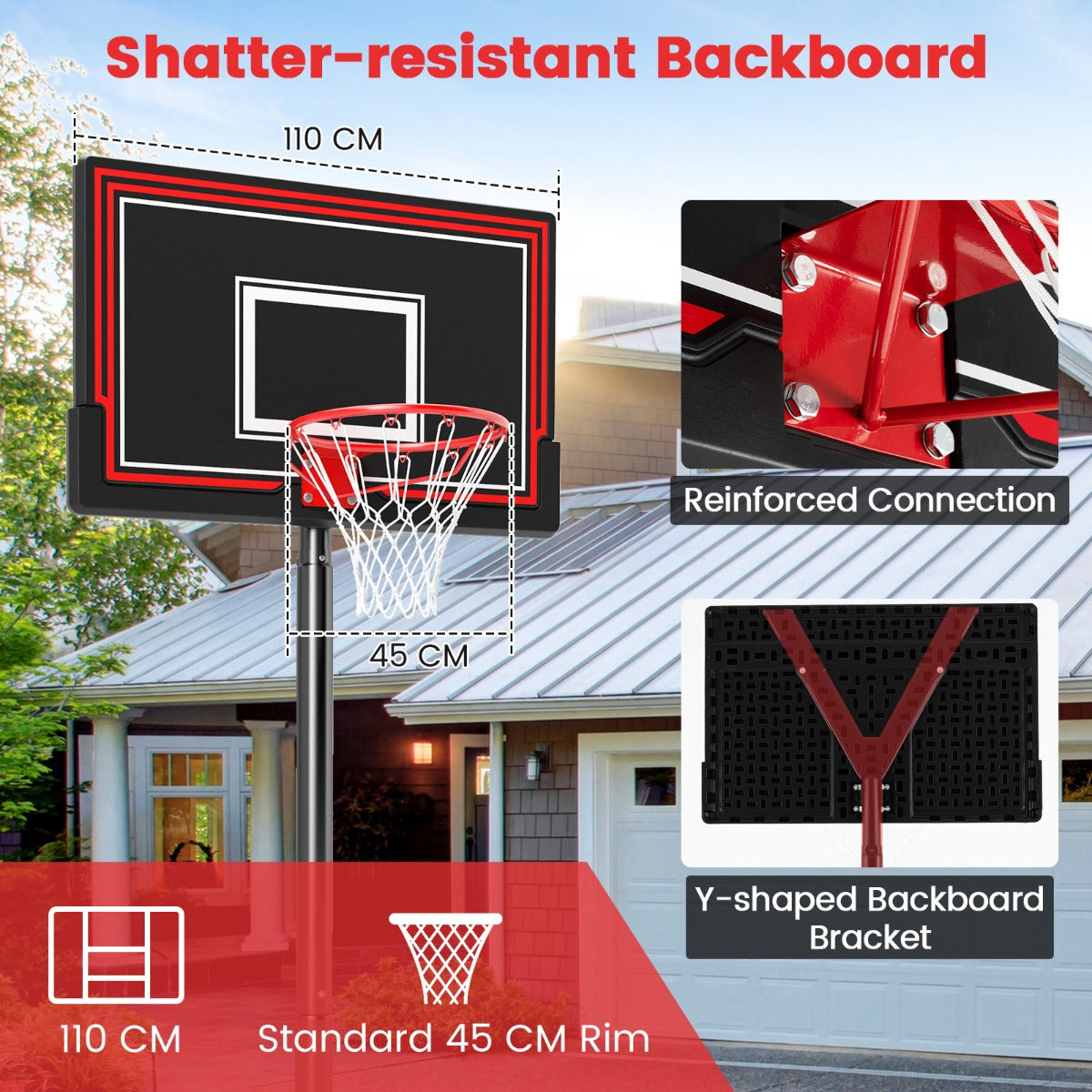 LIVSK Draagbare Basketbalring - Verstelbare Hoogte 230-305 cm - Robuust Bord - Eenvoudig te Verplaatsen - Zwart