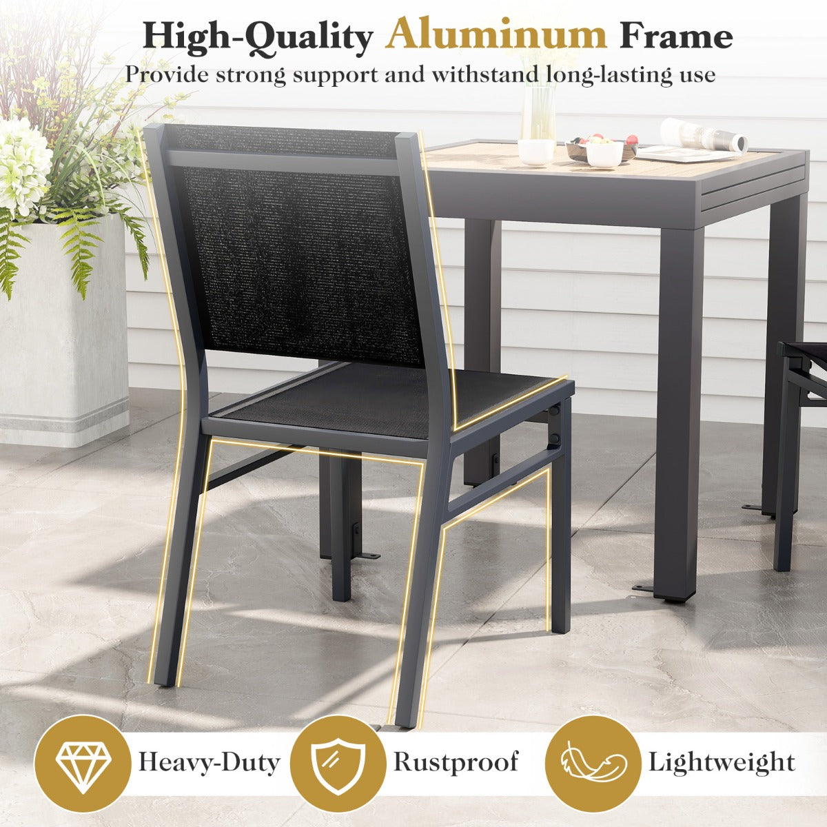 LIVSK Terrasstoelen - Lichtgewicht Aluminium - Ademend en Scheurbestendig - Ergonomische Rugleuning - Tot 150 kg - Zwart