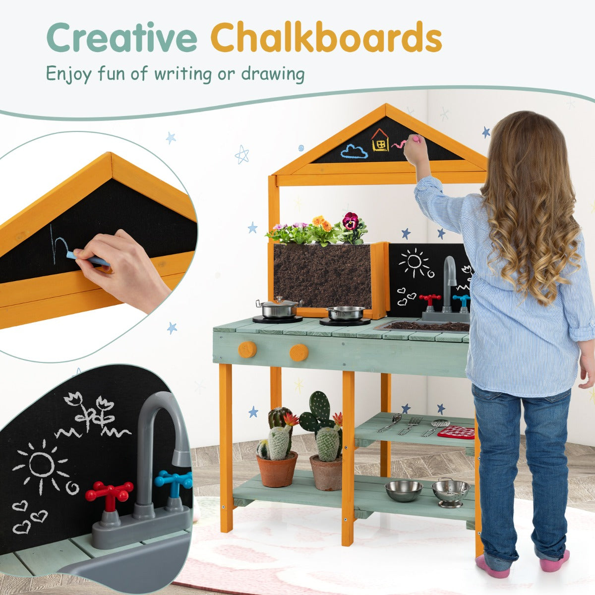 LIVSK Kindermodderkeuken - 2 Fornuizen met Draaiknoppen - Afneembare Wastafel - Krijtborden - Plantenbak - 69 x 36 x 110 cm -