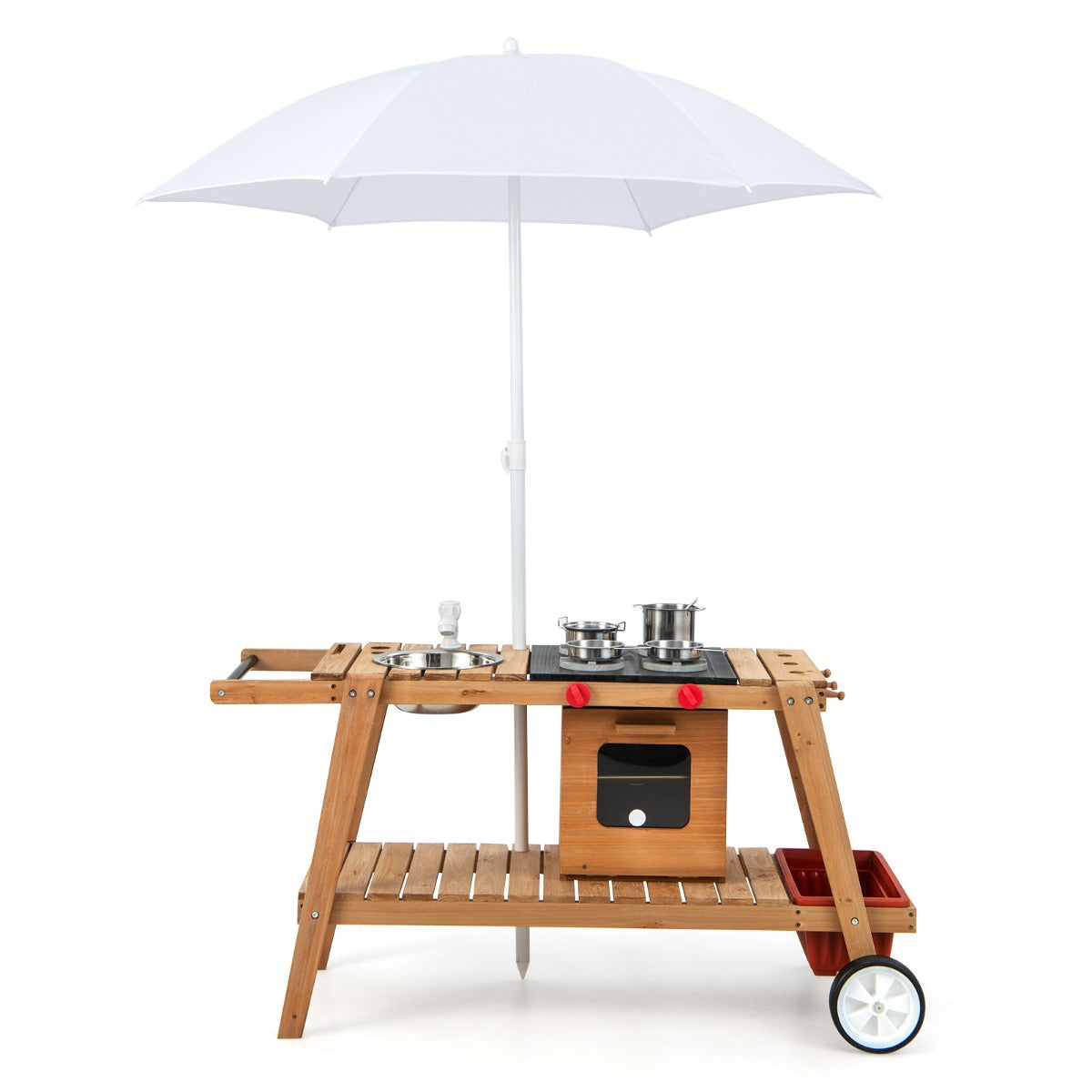 LIVSK Houten Kar met Parasol - Interactieve Speelwagen met Draaiknoppen en Kookaccessoires - Duurzaam Dennenhout - Natuurlijk +