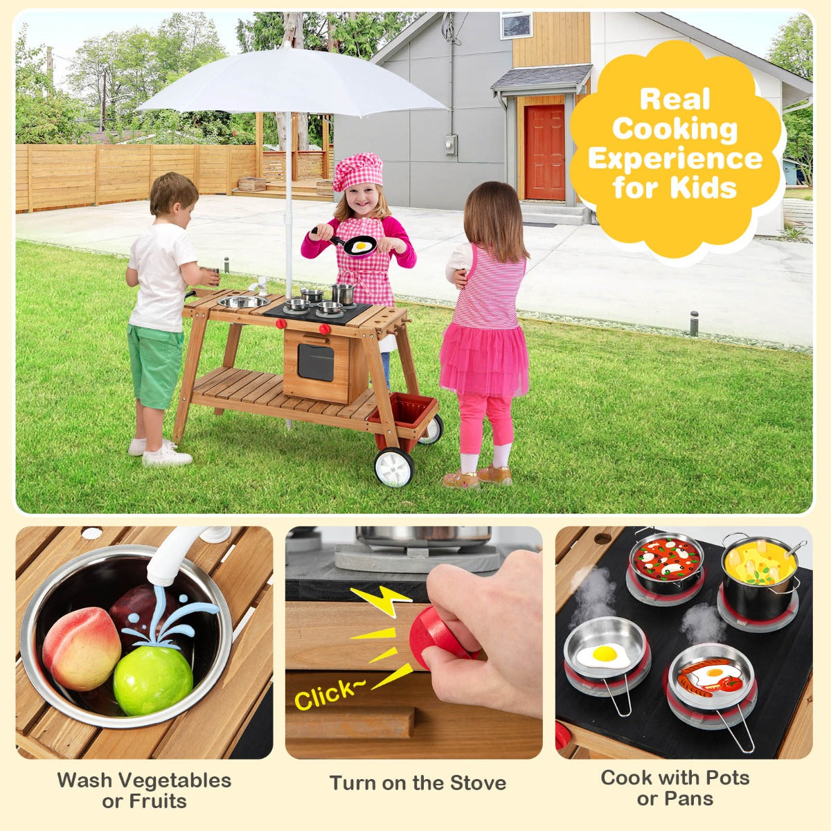 LIVSK Houten Kar met Parasol - Interactieve Speelwagen met Draaiknoppen en Kookaccessoires - Duurzaam Dennenhout - Natuurlijk +