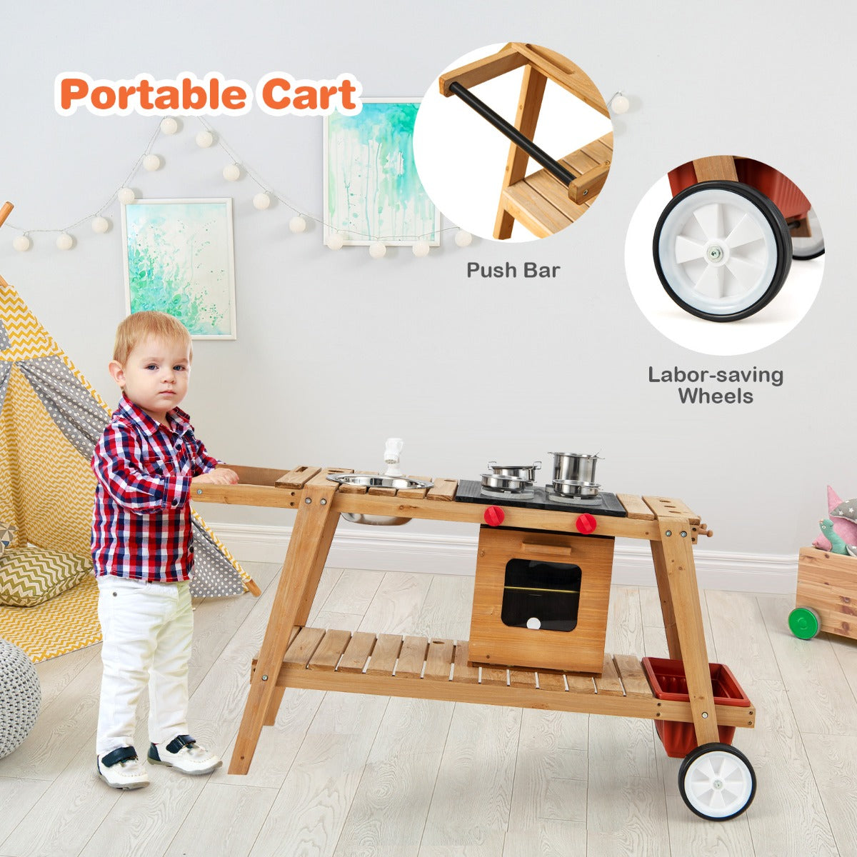 LIVSK Houten Kar met Parasol - Interactieve Speelwagen met Draaiknoppen en Kookaccessoires - Duurzaam Dennenhout - Natuurlijk +