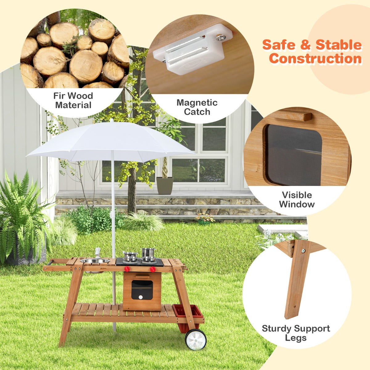 LIVSK Houten Kar met Parasol - Interactieve Speelwagen met Draaiknoppen en Kookaccessoires - Duurzaam Dennenhout - Natuurlijk +