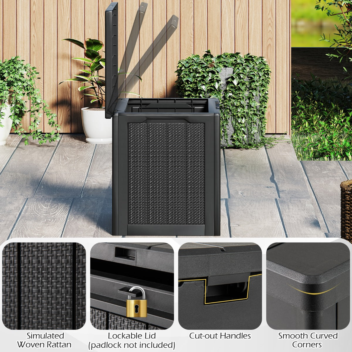 LIVSK Outdoor-opbergbox met Afsluitbaar Deksel - 96 L Capaciteit - Weerbestendig PP - Lichtgewicht en Elegant - Zwart