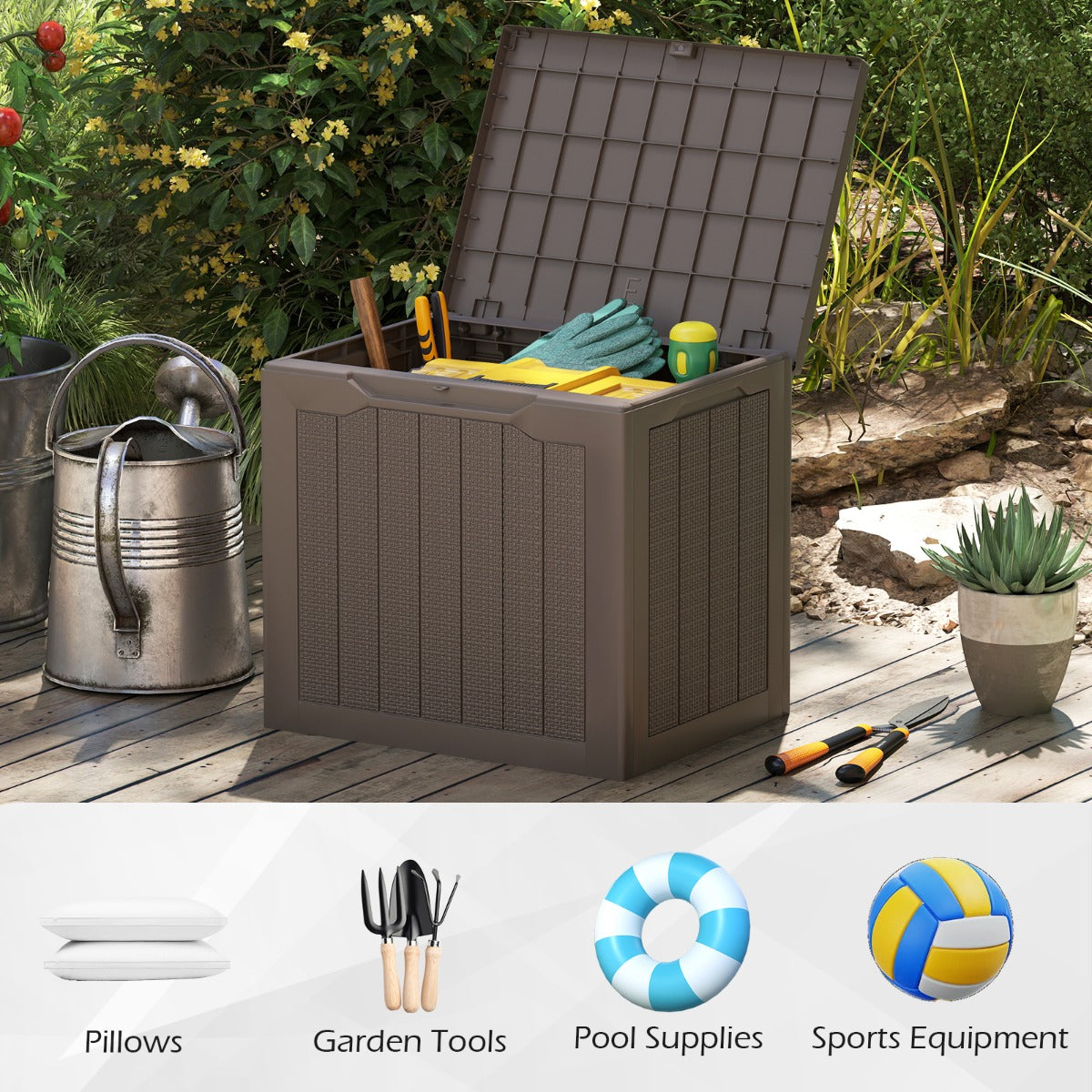 LIVSK Outdoor-opbergdoos - Afsluitbaar Deksel - 96 L Capaciteit - Weerbestendig PP - Elegant Rattanlook - Bruin