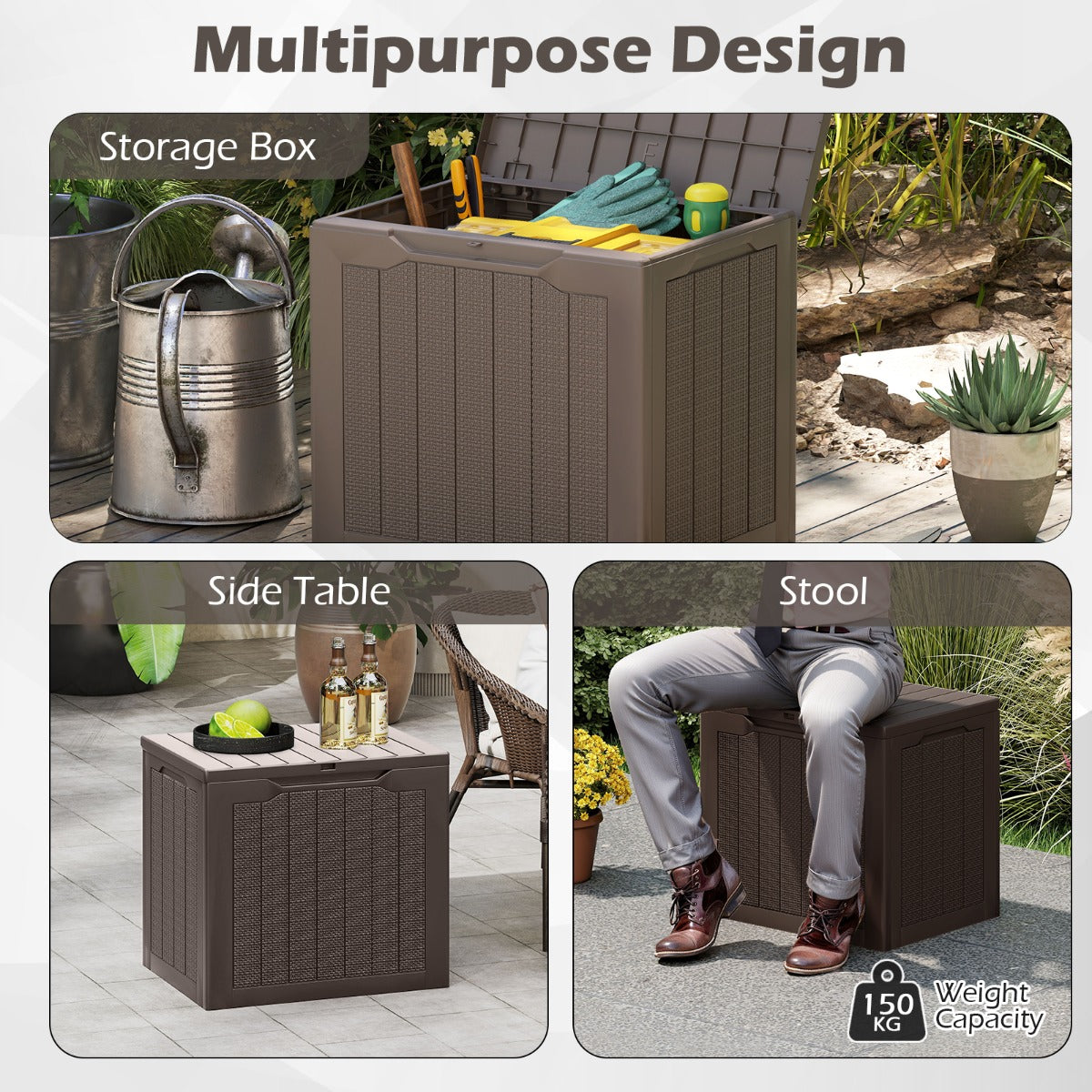 LIVSK Outdoor-opbergdoos - Afsluitbaar Deksel - 96 L Capaciteit - Weerbestendig PP - Elegant Rattanlook - Bruin