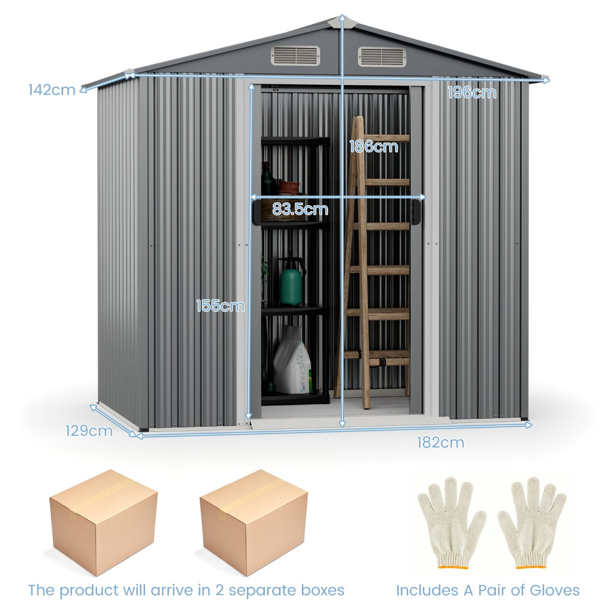 LIVSK Tuinschuur - Gegalvaniseerd Metalen Frame - 3,68 m³ Opslagcapaciteit - Afsluitbare Deuren - Ventilatiesleuven - Grijs