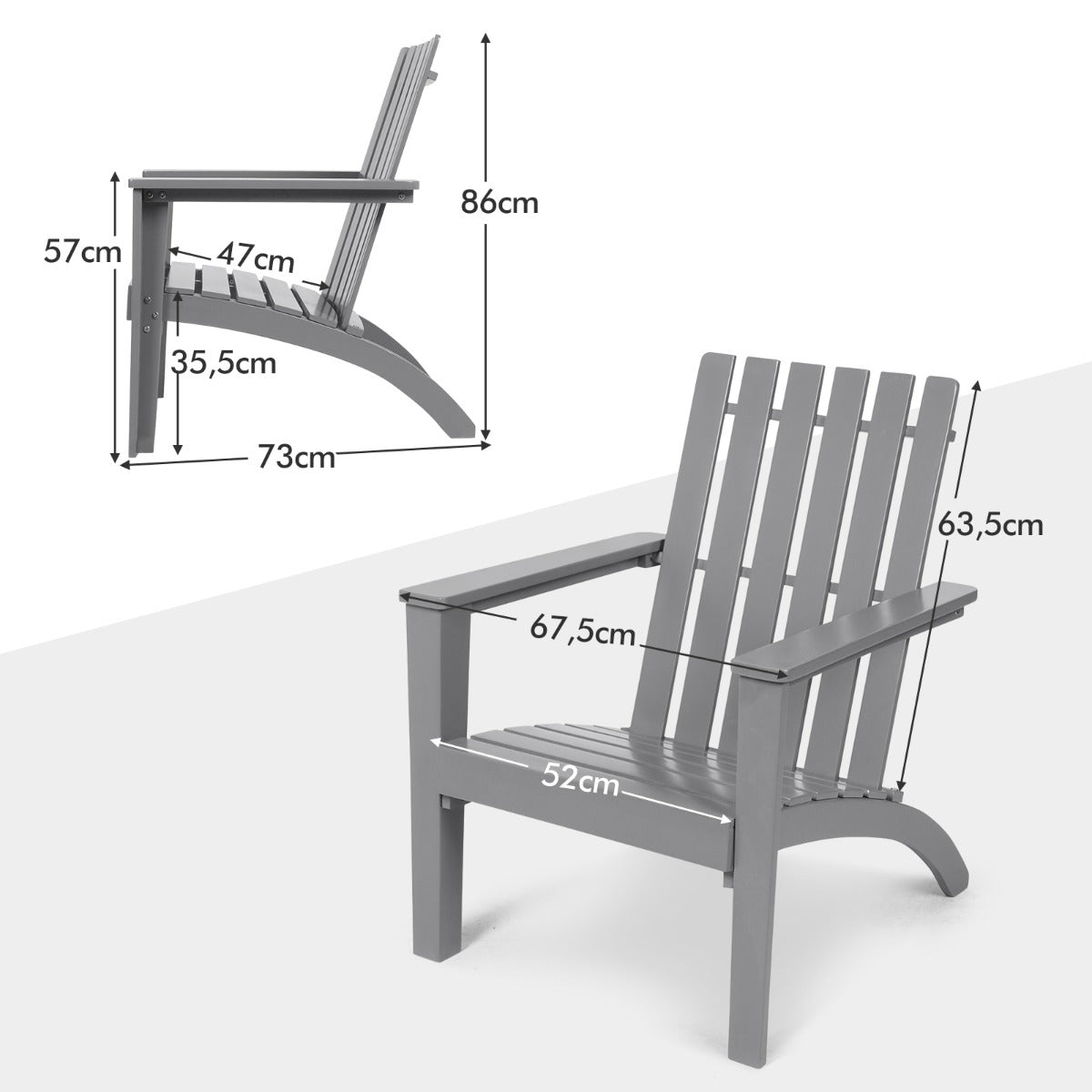LIVSK Adirondack Stoel - Duurzaam Acaciahout - Ergonomisch Ontwerp - Draagvermogen tot 160 kg - Voor Binnen en Buiten - Grijs