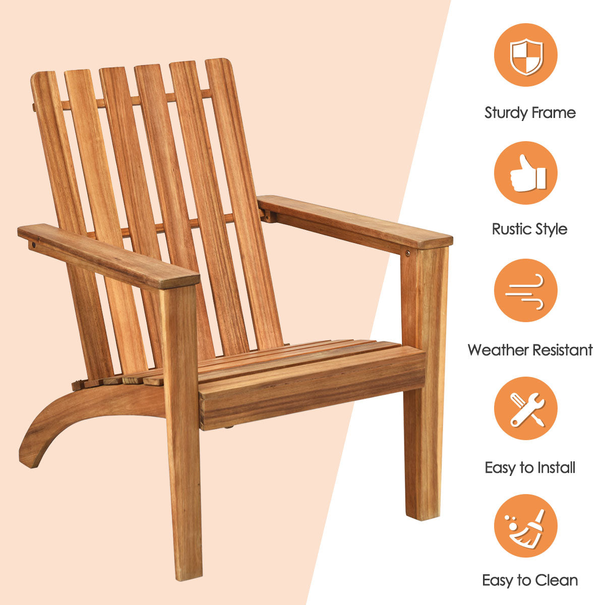 LIVSK Ergonomische Adirondack Buitenstoel - Duurzaam Acaciahout - Comfortabel Ontwerp - Rustieke Stijl - 69 x 73 x 85 cm -