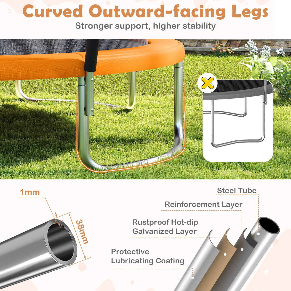Livsk costway buitentrampoline met ladder rond tuintrampolin met veiligheidsnet randbedekking en metalen frame o366cm oranje 4